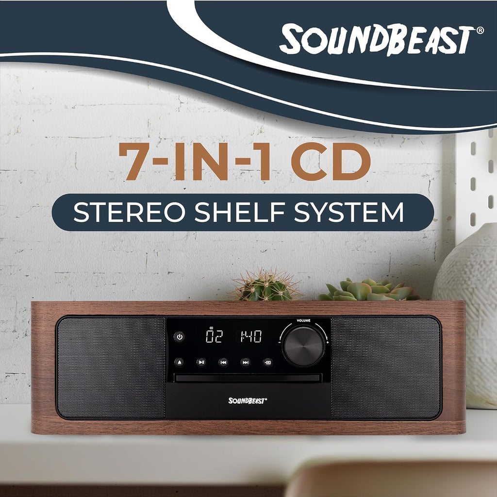 SoundBeast Stereo Shelf System with CD Player, Bluetooth, FM Radio, USB Playback, Aux in, Optical in, Alarm Clock, & Remote Control