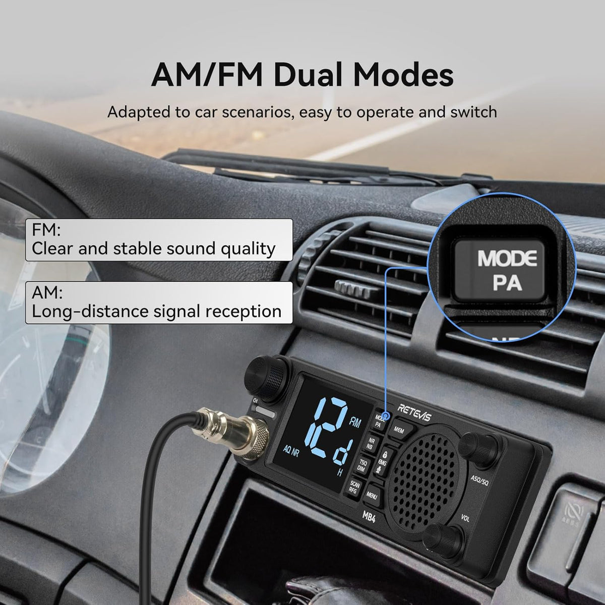 Retevis MB4 DIN Mount CB Radio Kit, NRC Noise Canceling Mobile Radio, Front Facing Speaker, PA, Cigarette Lighter, 40-Channel AM/FM, Long Range CB Radio with Antenna for Trucker Off Road Emergency