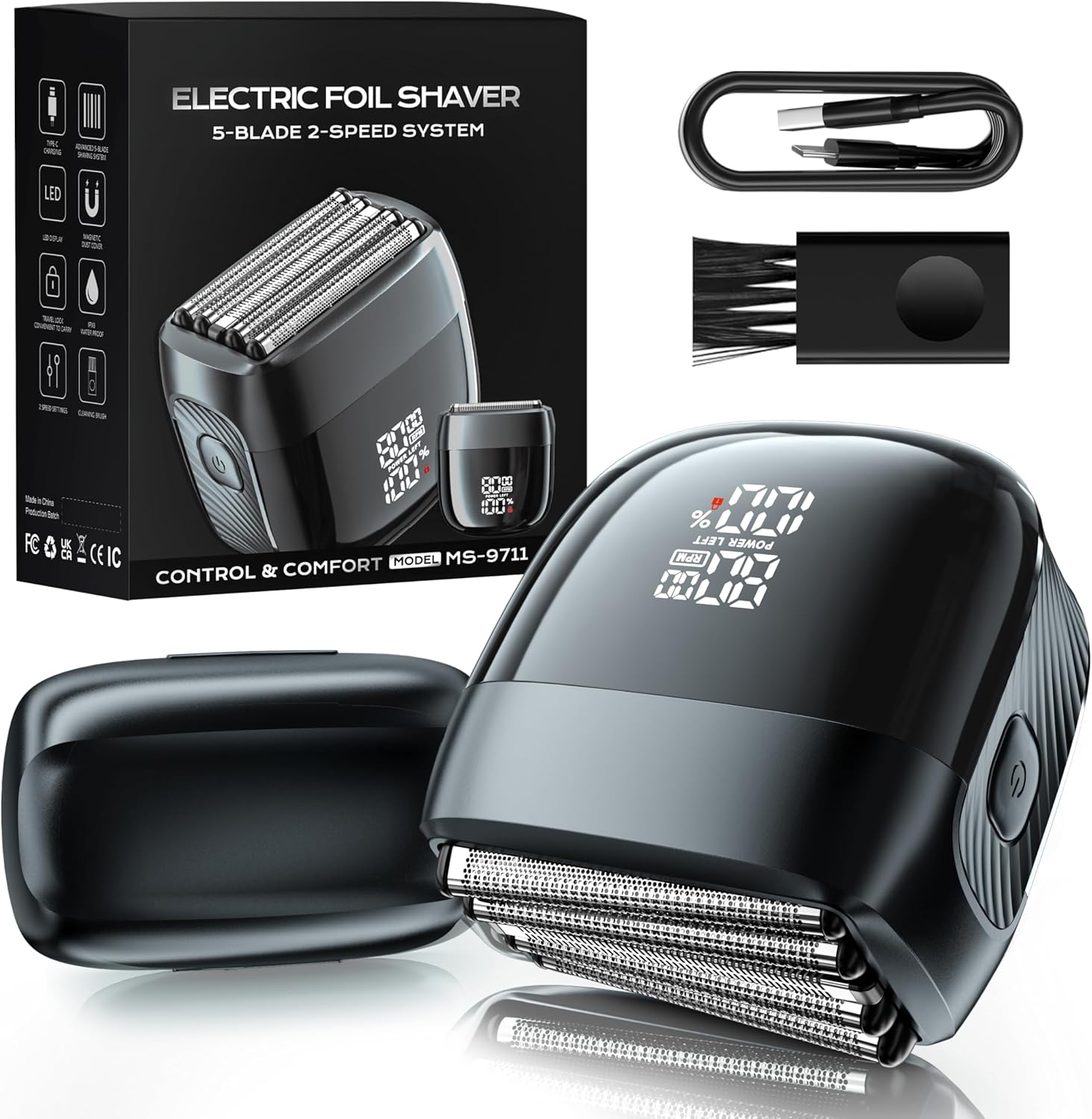 Electric Foil Shaver for Men: Upgraded 5-Blade System, IPX8 Waterproof & LED Display, 2 Power Levels,90-Min Runtime,USB-C Fast Charge with Magnetic Guard & Brush Flannel Gray