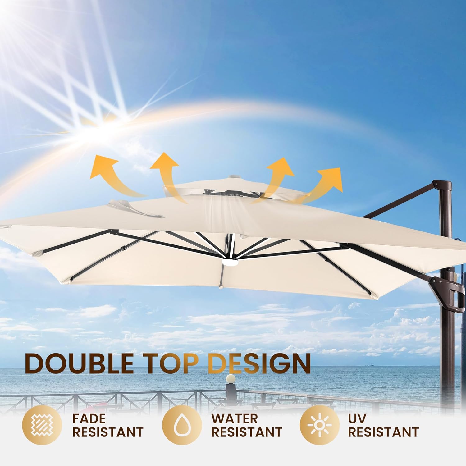 10 X 13 FT Cantilever Patio Umbrella with LED Lights Outdoor Heavy Duty Double Top Windproof Rectangle Offset Umbrellas with 360-degree Rotation for Pool Deck Backyard, Beige