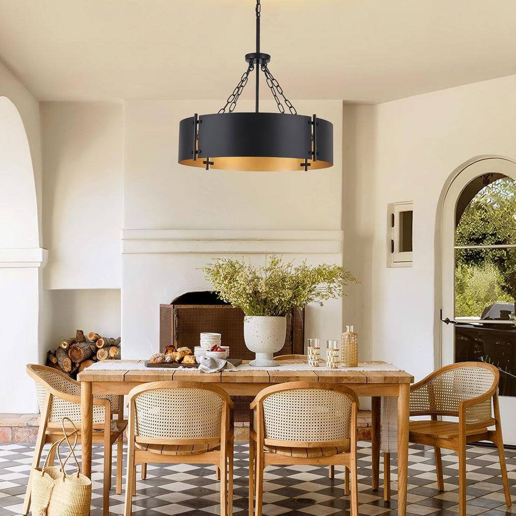 23.62'' Modern Drum Chandelier 6-Light Farmhouse Black and Gold Dining Room Light Fixture Industrial Large Pendant Lighting Rustic Hanging Light Fixtures Vintage Chandeliers for Living Room Kitchen