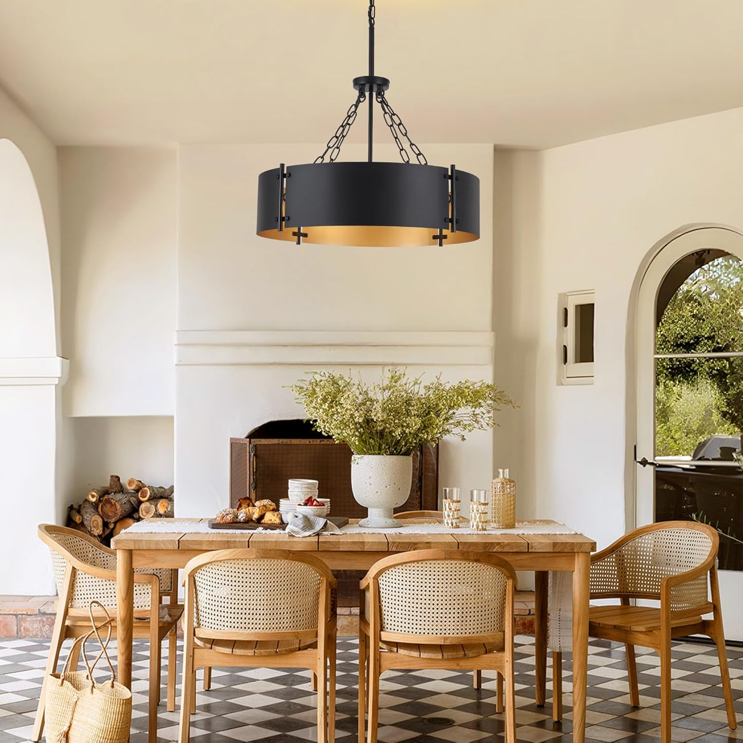 23.62'' Modern Drum Chandelier 6-Light Farmhouse Black and Gold Dining Room Light Fixture Industrial Large Pendant Lighting Rustic Hanging Light Fixtures Vintage Chandeliers for Living Room Kitchen