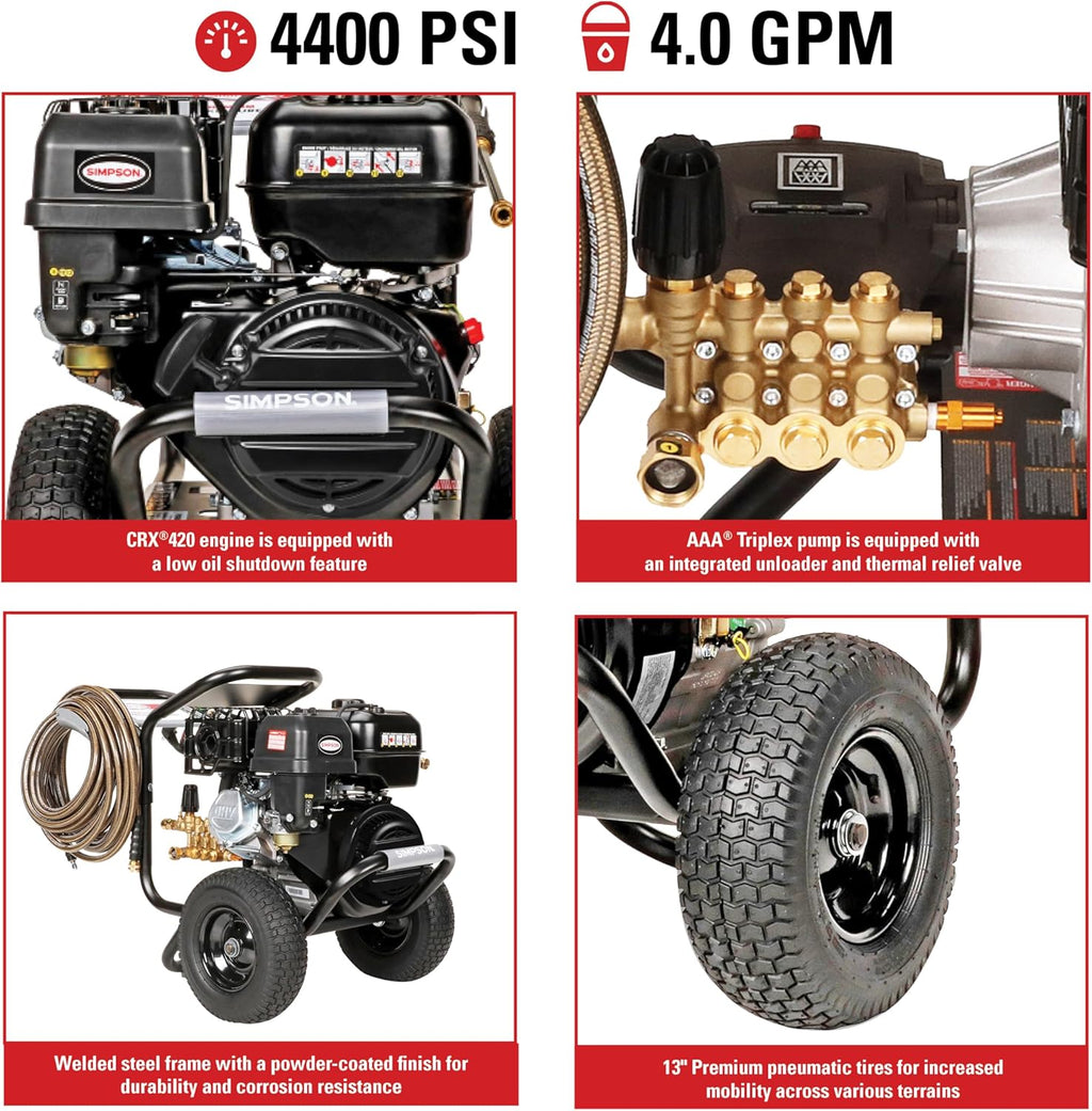 Simpson 4400 PSI Gas Pressure Washer, 4.0 GPM Commercial Power Washer, Cold Water, 50' Hose, PowerShot, 49-State Compliant (PS60843) - Black