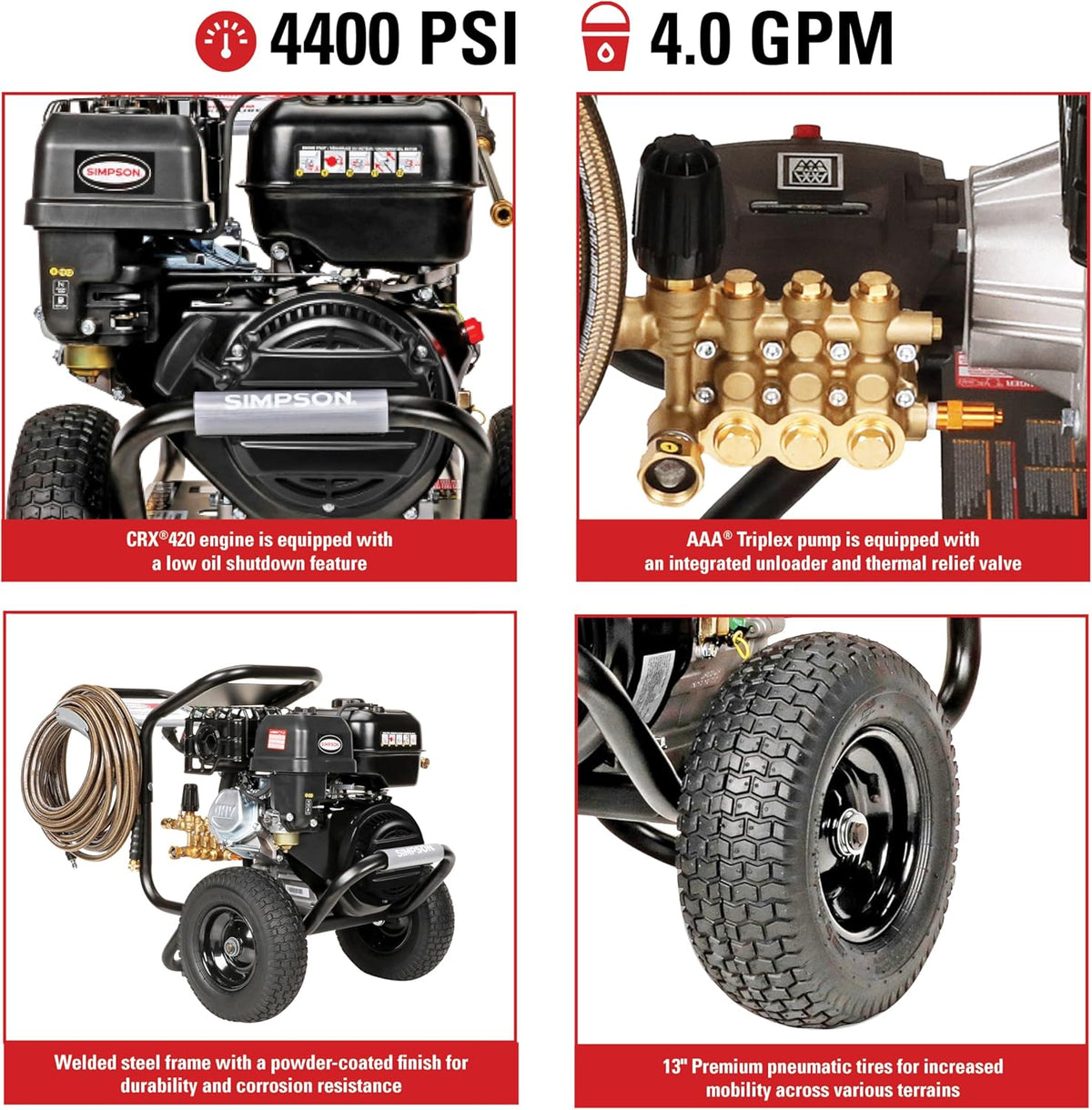 Simpson 4400 PSI Gas Pressure Washer, 4.0 GPM Commercial Power Washer, Cold Water, 50' Hose, PowerShot, 49-State Compliant (PS60843) - Black