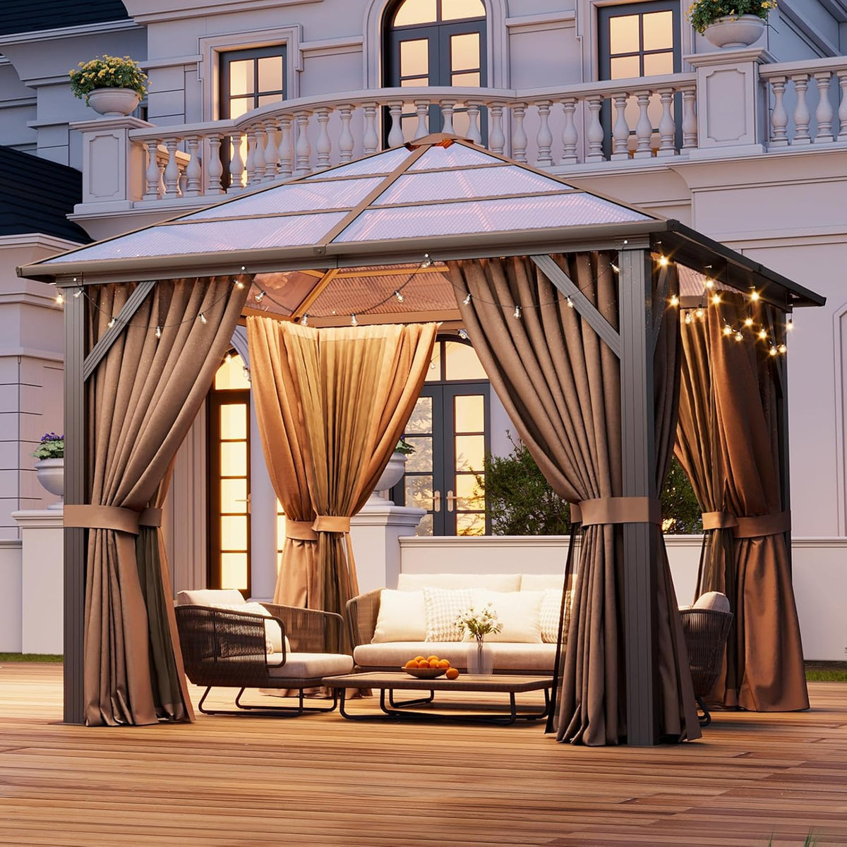 Aoxun 10'x10' Hardtop Gazebo, Outdoor Metal Gazebo with Polycarbonate Roof Canopy, Permanent Pavilion with Netting and Curtains for Lawn, Garden, Patio (Khaki, Single Roof)