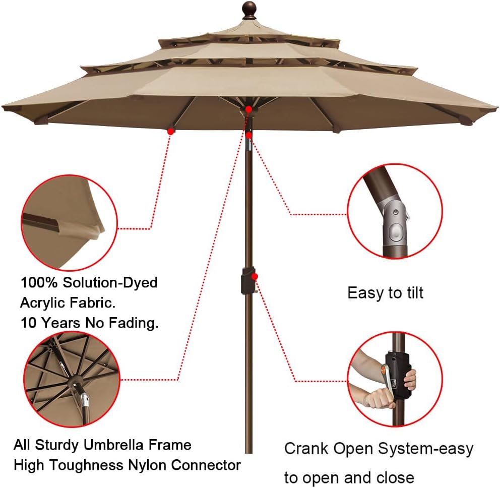 EliteShade USA 10-Year-Non-Fading 9ft 3-Tier Market Patio Umbrella, Commercial Grade Outdoor Table Umbrella with Crank Open, Windproof & UPF 50+ UV Protection, Heavy Duty Ventilation for Garden, Deck, Pool, Backyard, Beach & Bistro, Heather Beige