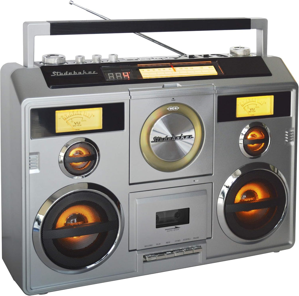 Studebaker Sound Station Portable Stereo Boombox with Bluetooth/CD/AM-FM Radio/Cassette Recorder (Silver)