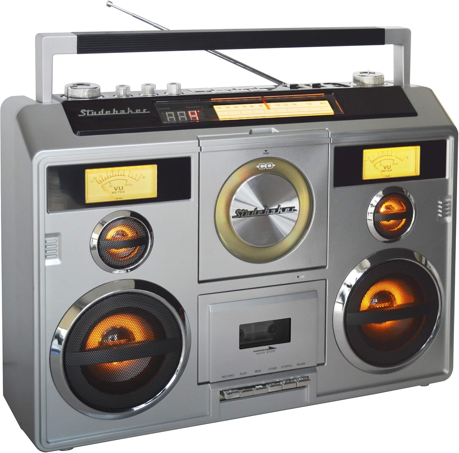 Studebaker Sound Station Portable Stereo Boombox with Bluetooth/CD/AM-FM Radio/Cassette Recorder (Silver)