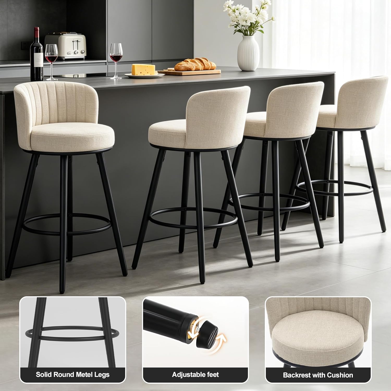 Swivel Bar Stools Set of 2, 28" Seat Height, Modern Design, Upholstered Barstools with Back and Footrest, Metal Legs, Suitable for Kitchen Island, Counter, Dining Room