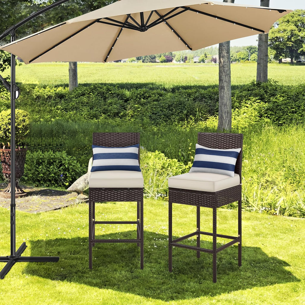 Yaheetech Set of 4 Patio Bar Stools, Outdoor PE Rattan Bar Height Chairs with Cushions & Footrests & Backrest for Indoor/Outdoor/Backyard/Porch, Max.Load 300Lb, Brown/Beige