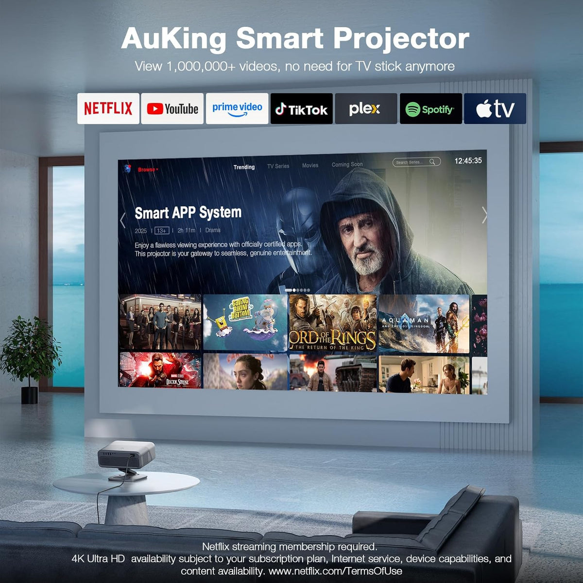 Now with Netflix & 3000 ANSI 4K Projector with WiFi and Bluetooth,TOF Real-Time Auto Focus Smart Projector, AuKing Outdoor Movie Home Theater Proyector with Omni-Adjustable Stand(grey)