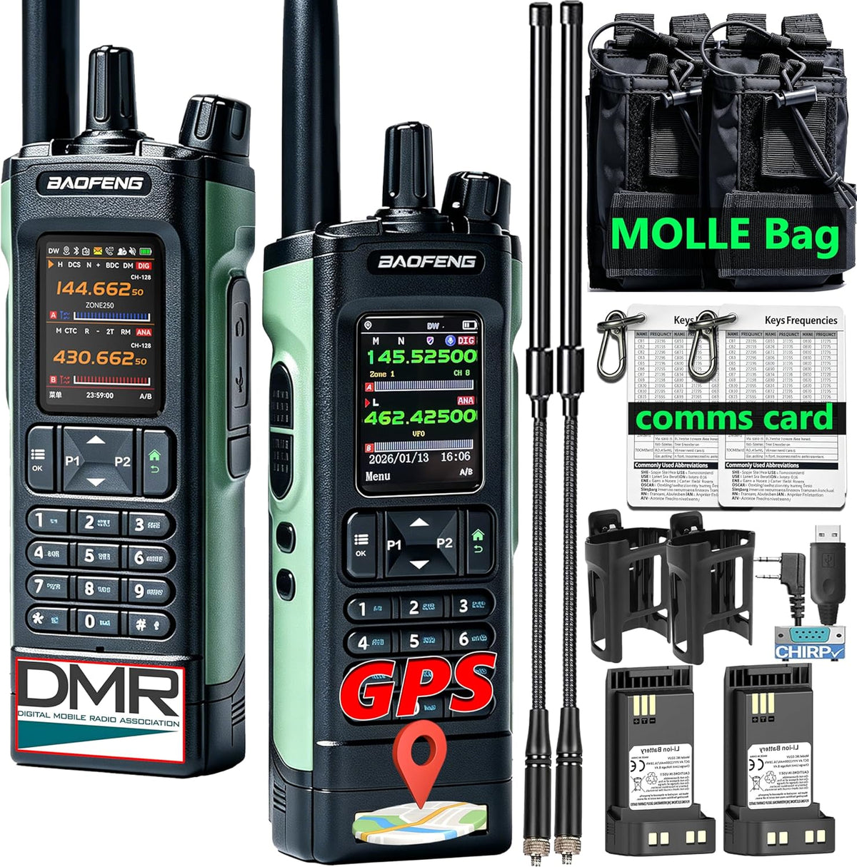 BAOFENG DM32 DMR Radio,DM-32UV Digital Two-Way Radio,Long Range Walkie Talkies,10W Handheld Ham Radio with GPS & APRS,NOAA | Tactical Antenna, MOLLE Bag & Comms Card | Programming & Type-C Charging