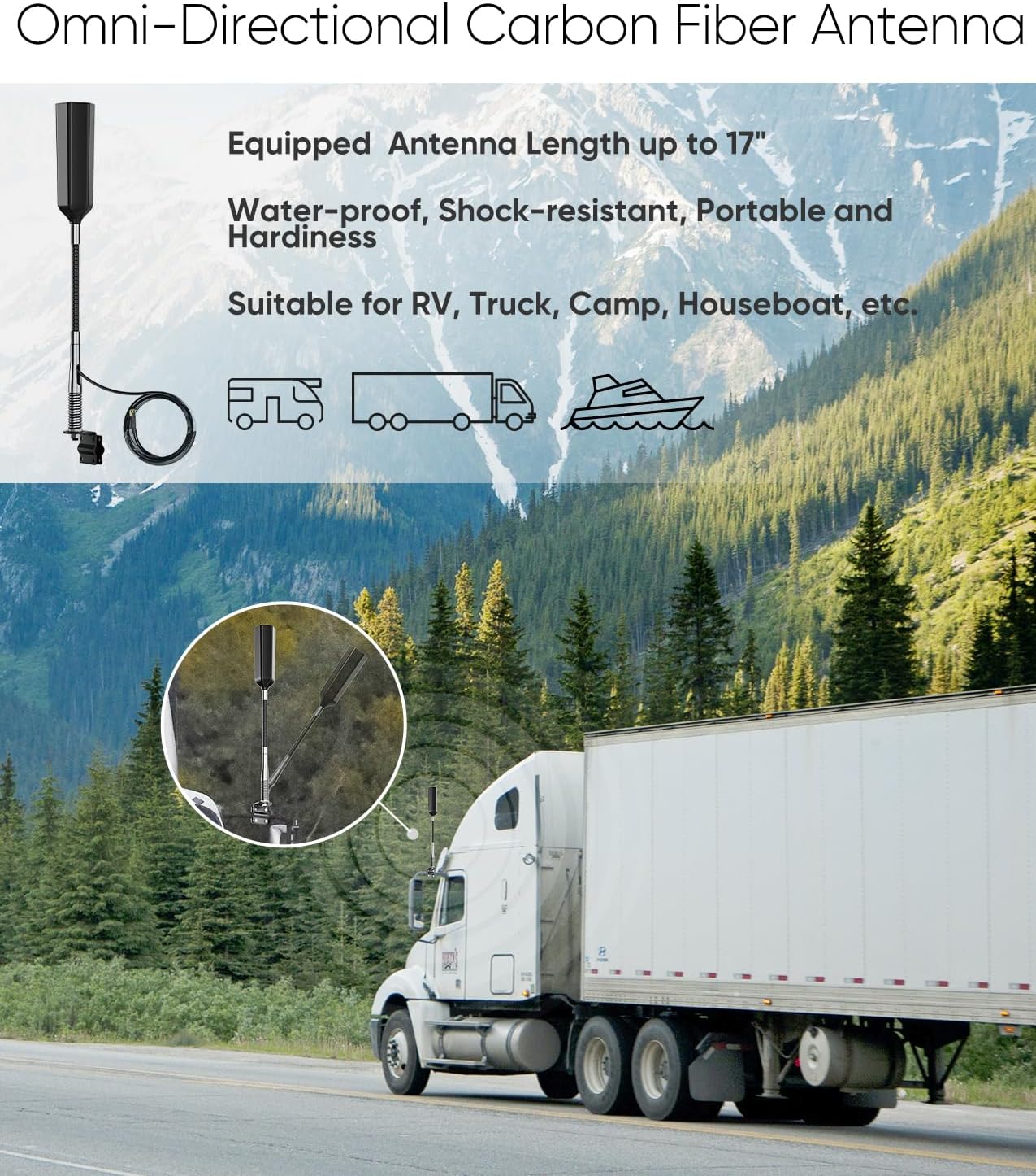 Cell Phone Booster for Truck RV Vehicle, Cell Phone Signal Booster Compatible with All U.S. Carriers AT&T, Verizon, T-Mobile & More, Boosts 5G/4G LTE/3G Signal for Band 4/12/13/17/5/2/25