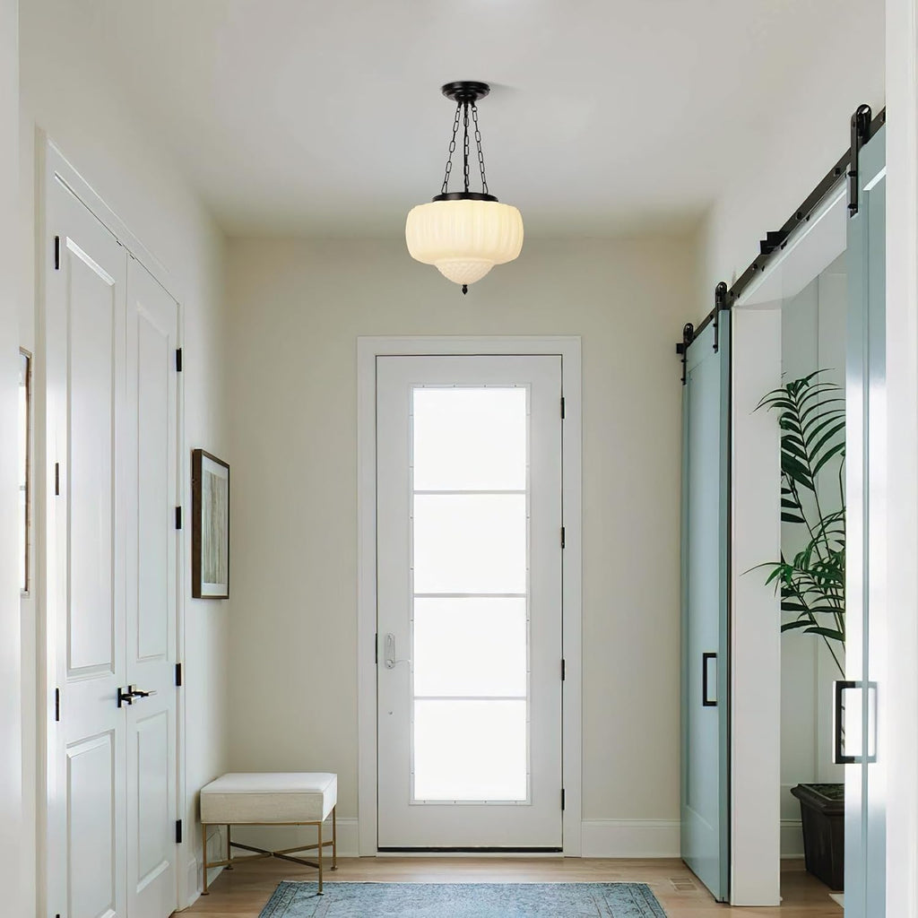 14" Vintage Milk Glass Pendant Light, Mid-Century Modern Schoolhouse Ceiling Chandelier, Vintage White Opal Flush Hanging Fixture for Kitchen Island, Dining Room, Bedroom, Living Room