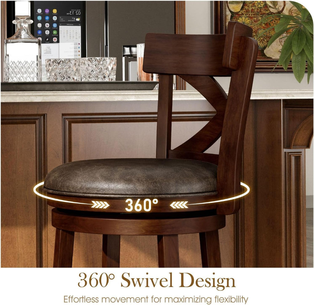 Sophia & William Swivel Bar Stools Set of 3, 30 Inch Bar Height Barstools with Cross Back & Solid Wood Legs,Faux Leather Kitchen Stools