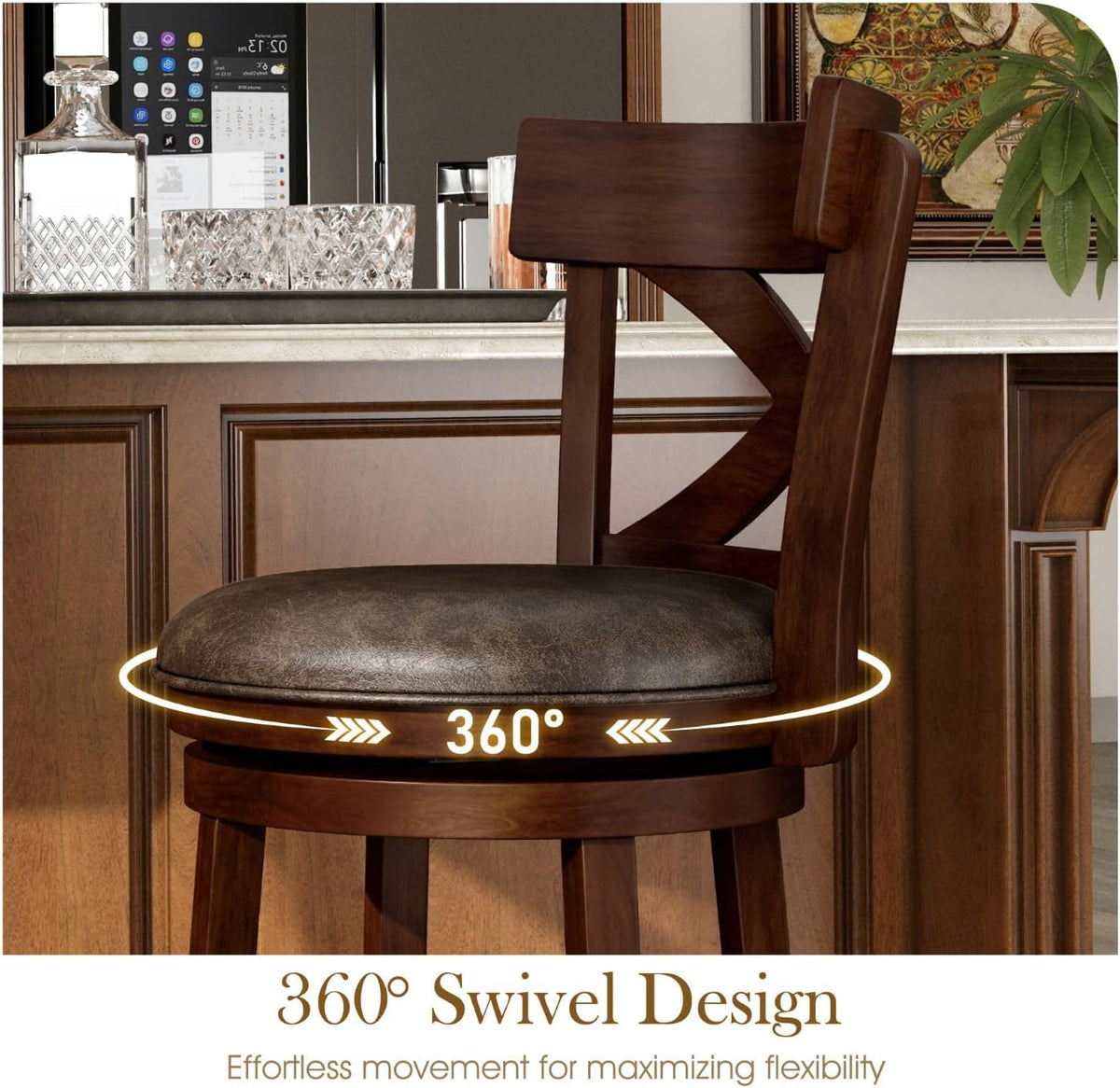Sophia & William Swivel Bar Stools Set of 3, 30 Inch Bar Height Barstools with Cross Back & Solid Wood Legs,Faux Leather Kitchen Stools