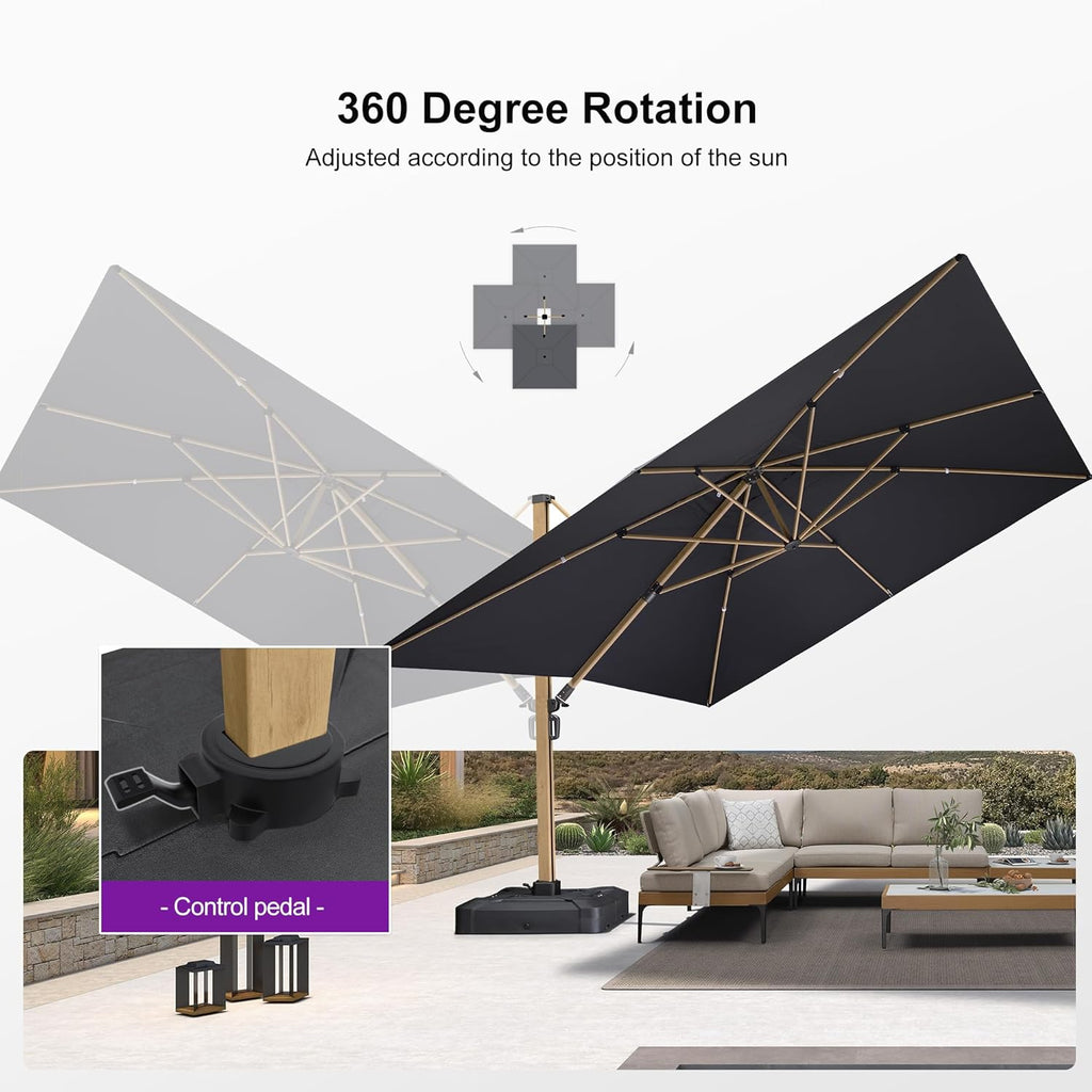 PURPLE LEAF 12FT Patio Umbrella Square Cantilever Umbrella Teak Finished Aluminum Frame Large Windproof Offset Outdoor Sun Umbrellas for Beach Pool Deck, Grey