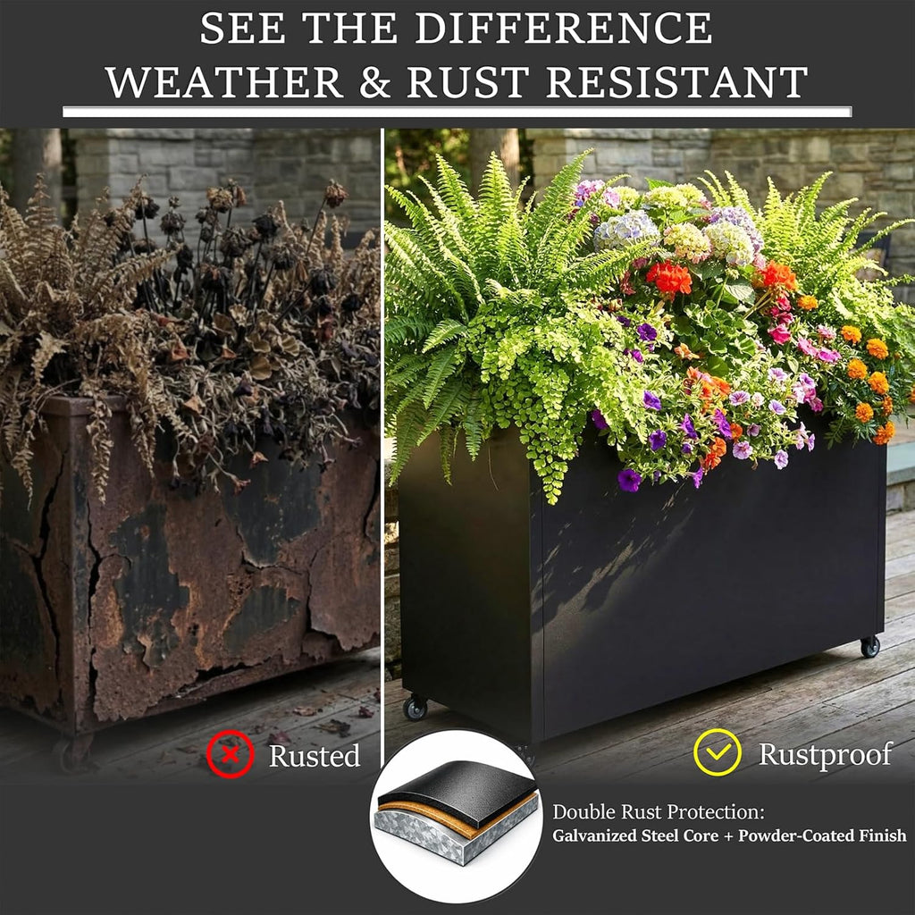Metal Planter Box with Wheels, 36" Large Rolling Outdoor Planter with Drainage & Removable Shelf, Rectangular Planter Raised Garden Bed for Patio, Balcony, Porch & Backyard, Black