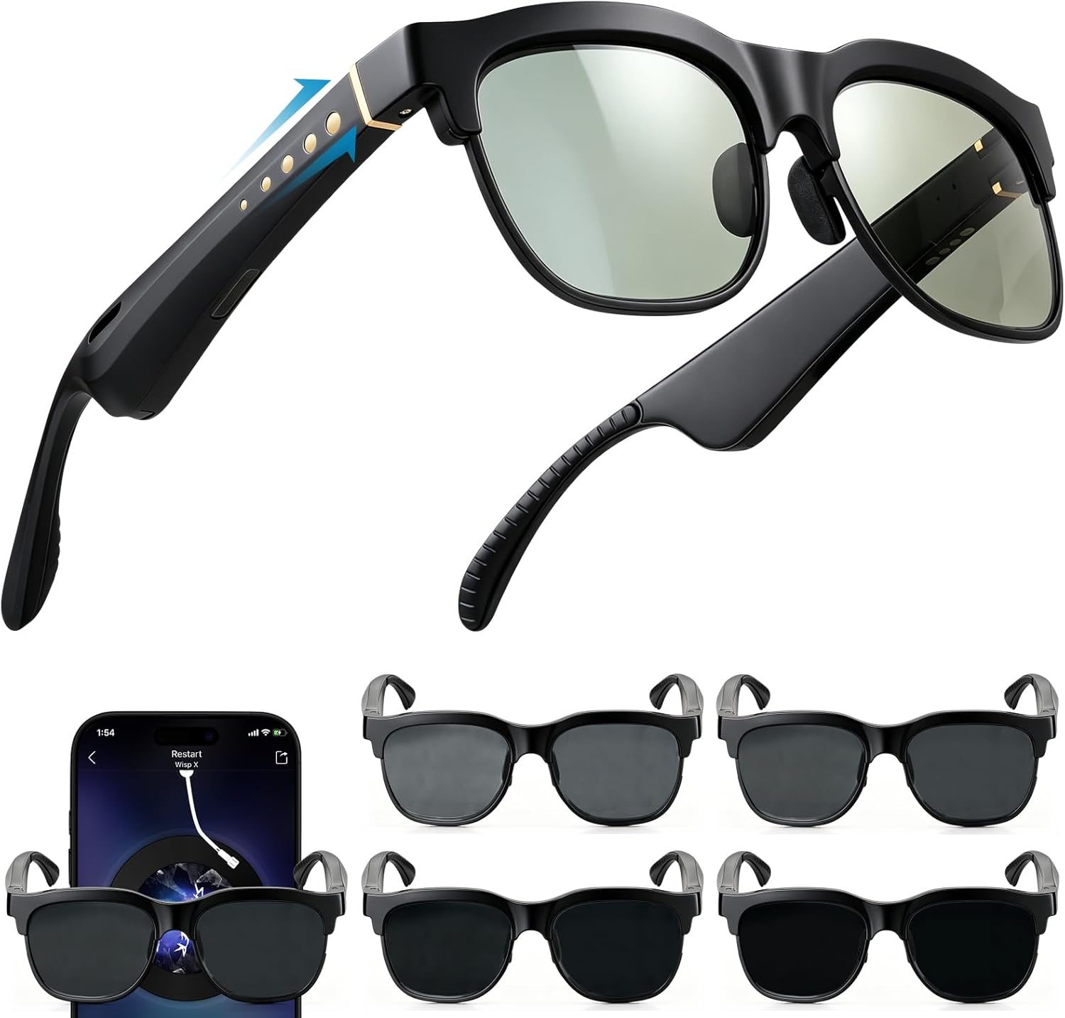 Smart Bluetooth Sunglasses with Electrochromic Lenses, Multi-Level Tint Control for Driving, Travel, Fishing, Daily Use, Open-Ear Audio Speakers, Bluetooth 5.4, Unisex High Tech Gift