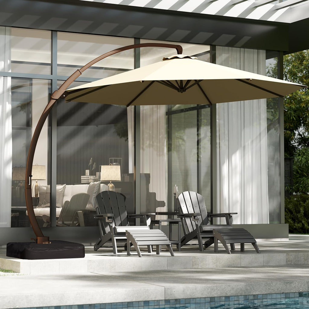 GREENVINES 11-FT-Patio-Offset-Cantilever-Umbrella | Outdoor Large Umbrellas with Base | Aluminum Ribs | Heavy Duty | Curvy | 360°Rotation | for Pool Garden Backyard Deck Lawn | Tan