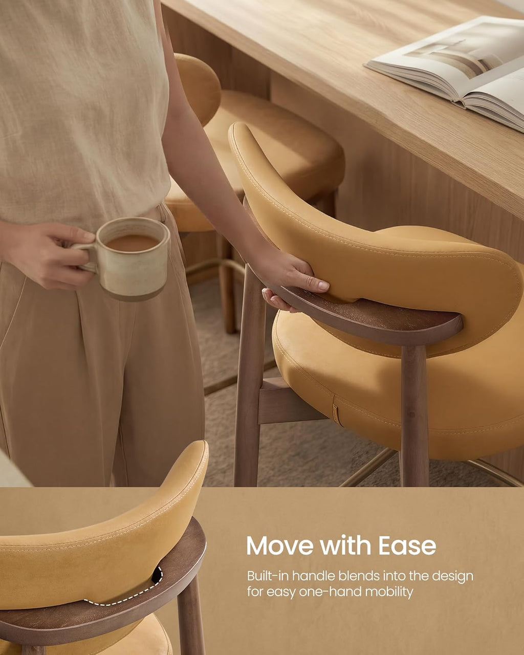 VASAGLE Wooden Bar Stools Set of 2, Upholstered Counter Height Barstools with Solid Wood Legs, Ergonomic Backrest, Mid Century Modern, for Kitchen Island, Synthetic Leather, Caramel Brown
