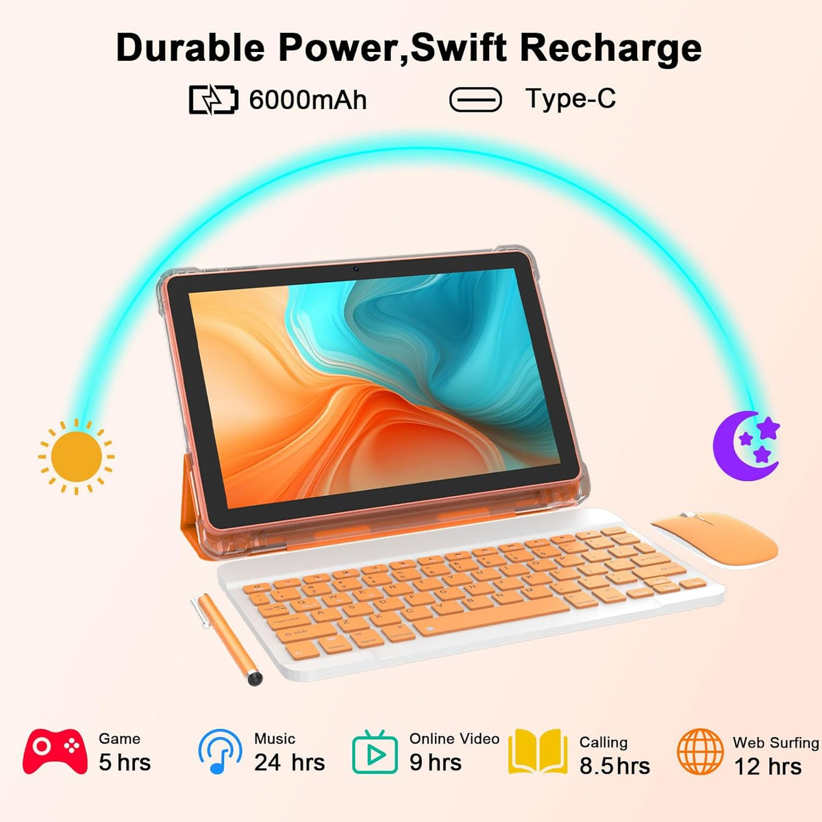 CUPEISI Android 15 Tablet 10 Inch, 20GB RAM+128GB ROM/2TB Expandable, 2.0GHz Quad-core Processor, 1280*800 HD Screen, 5G WiFi6 BT5.0, 2 in 1 Tablets with Keyboard Case Mouse Stylus, Widevine L1 Orange