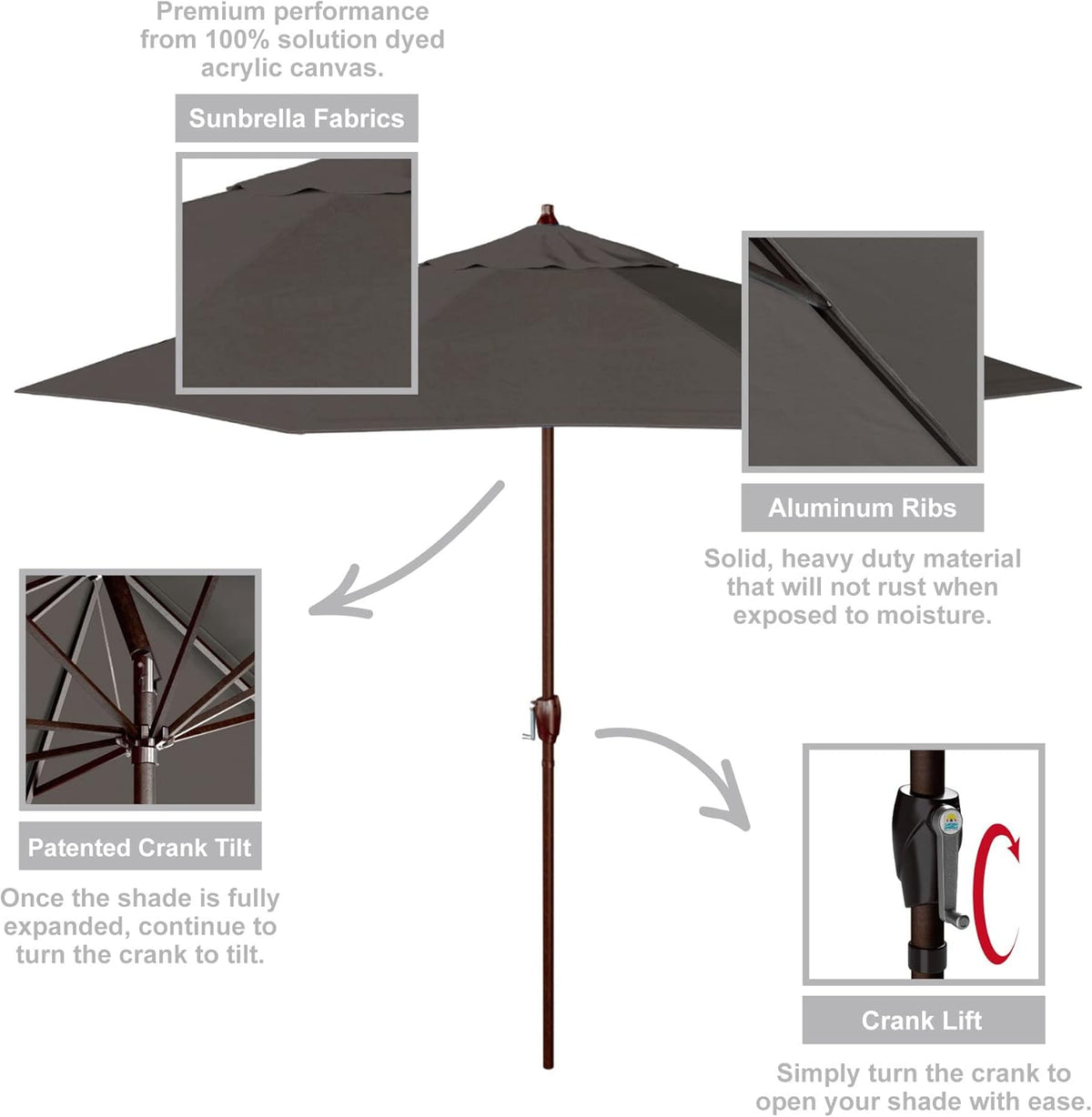 California Umbrella 12-Year Protection 9-Ft Outdoor Patio Umbrella, Sunbrella Fade-Resistant Acrylic Fabric, Auto Tilt and Crank, Heavy-Duty Aluminum Frame/Reinforced Ribs, Bronze Pole, Charcoal