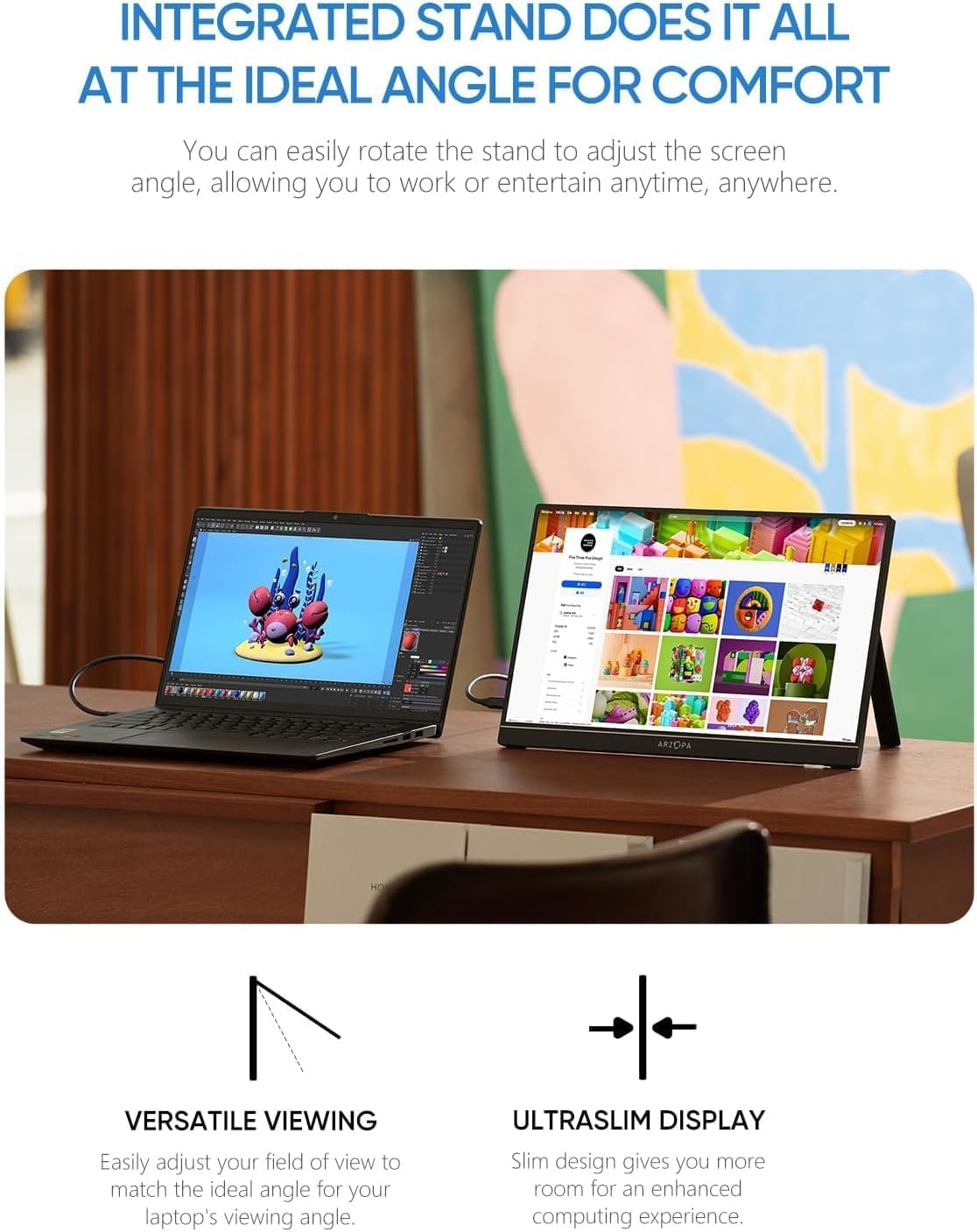 ARZOPA Portable Monitor 15.6'' FHD 1080P - Ultra-Slim Portable Laptop Monitor with Kickstand - IPS Display for PC, MAC, Phone, Xbox, PS5 - USB C & HDMI Connectivity - A1