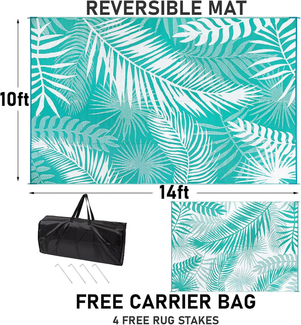 Outdoor Rug Waterproof for Patios Clearance, 10'x14' Quick Drying Outdoor Plastic Straw Rug Camping Carpet, Outside Floor Mats Large Area Rugs for RV,Patio,Deck,Porch, Beach, Balcony,Teal&White