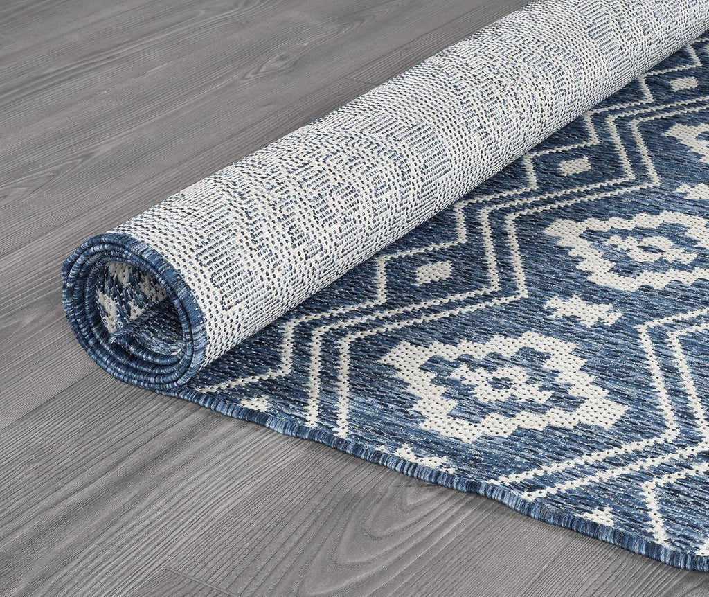 Beverly Rug Waikiki Boho Indoor Outdoor Rug 9x12, Washable Outside Carpet for Patio, Deck, Porch, Bohemian Area Rug, Farmhouse Rugs, Aztec Tribal Rug, Azure and White
