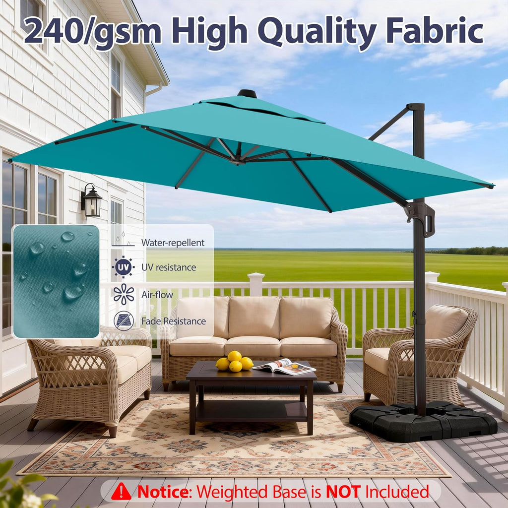10' X 10' Patio Umbrella Cantilever Outdoor Rectangle Umbrella with Base Included, Heavy Duty 360°Rotation Offset Umbrella for Garden Deck Pool Patio, Turquoise