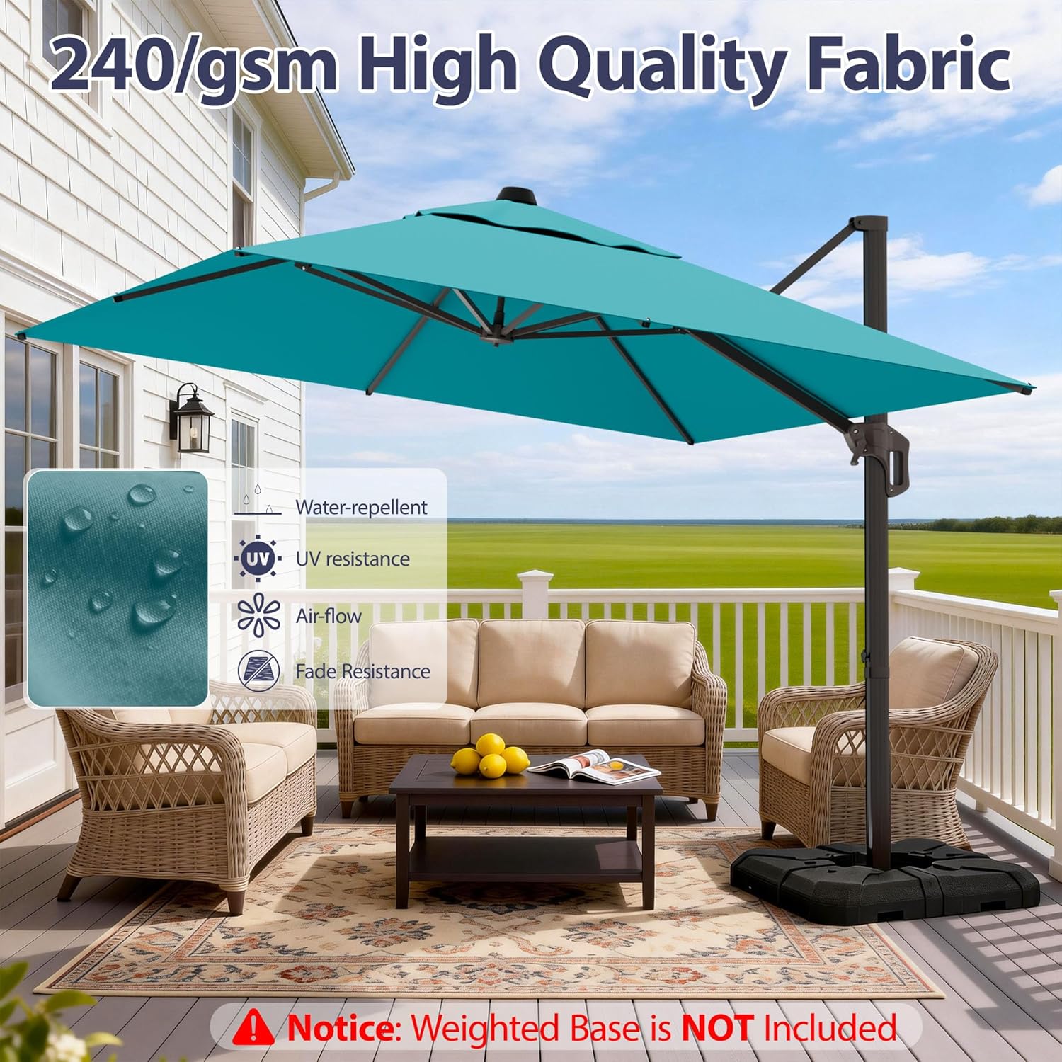 10' X 10' Patio Umbrella Cantilever Outdoor Rectangle Umbrella with Base Included, Heavy Duty 360°Rotation Offset Umbrella for Garden Deck Pool Patio, Turquoise