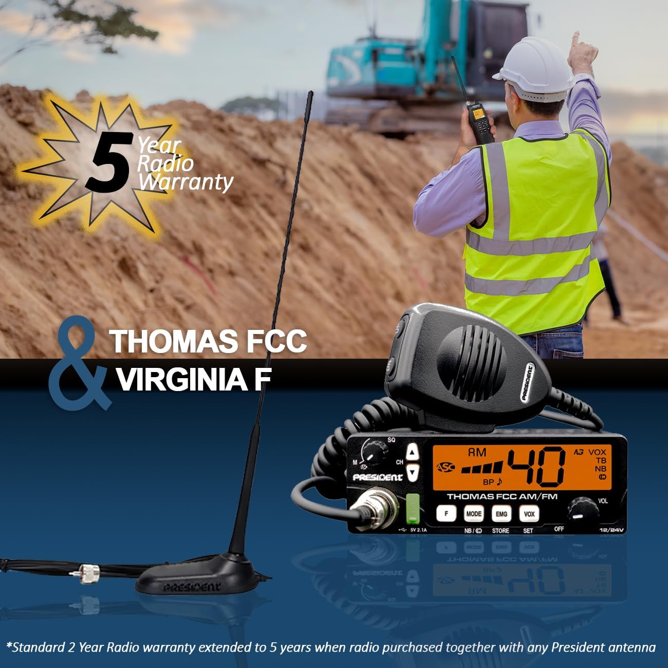 President Radio Heavy Duty (HD) Kit with Thomas FCC 40-Channel,12/24 Volt AM/FM CB Radio and Virginia F Magnet-Mount Antenna