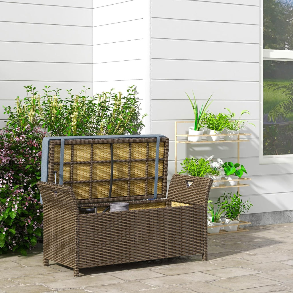 Outsunny 29 Gallon Patio Wicker Storage Bench, Outdoor PE Rattan Furniture, 2-in-1 Large Capacity Rectangle Garden Storage Box with Handles and Cushion, Dark Blue