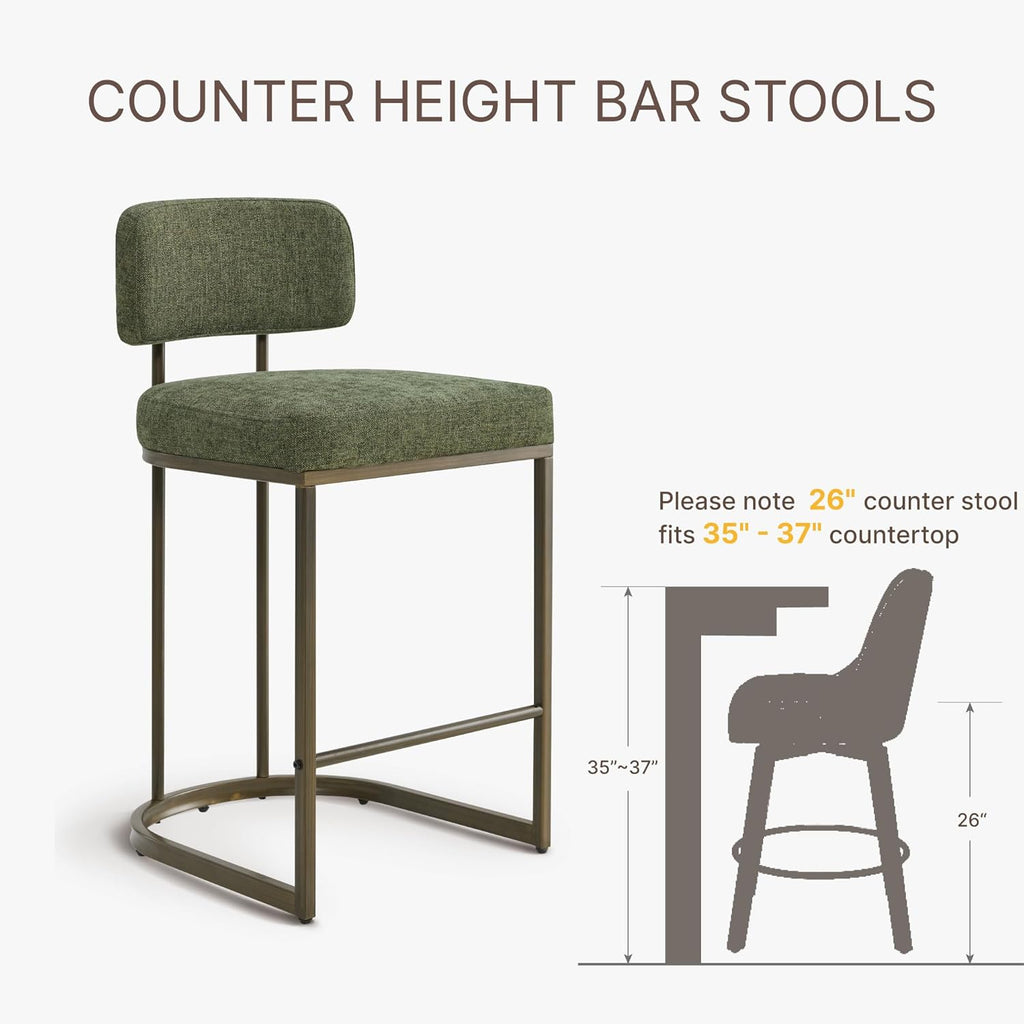 26" H Counter Height Bar Stools Set of 3, Modern Linen Fabric Upholstered Barstools with Backrest for Kitchen Island, Gold Metal Frames, Green
