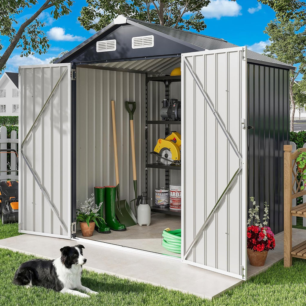 IRONCK 5.7x5.7FT Storage Shed, Outdoor Tool Shed with Lockable Doors and Breathable Vent, Outside Metal Garden Storage for Poolside, Backyard, Patio, Dark Blue