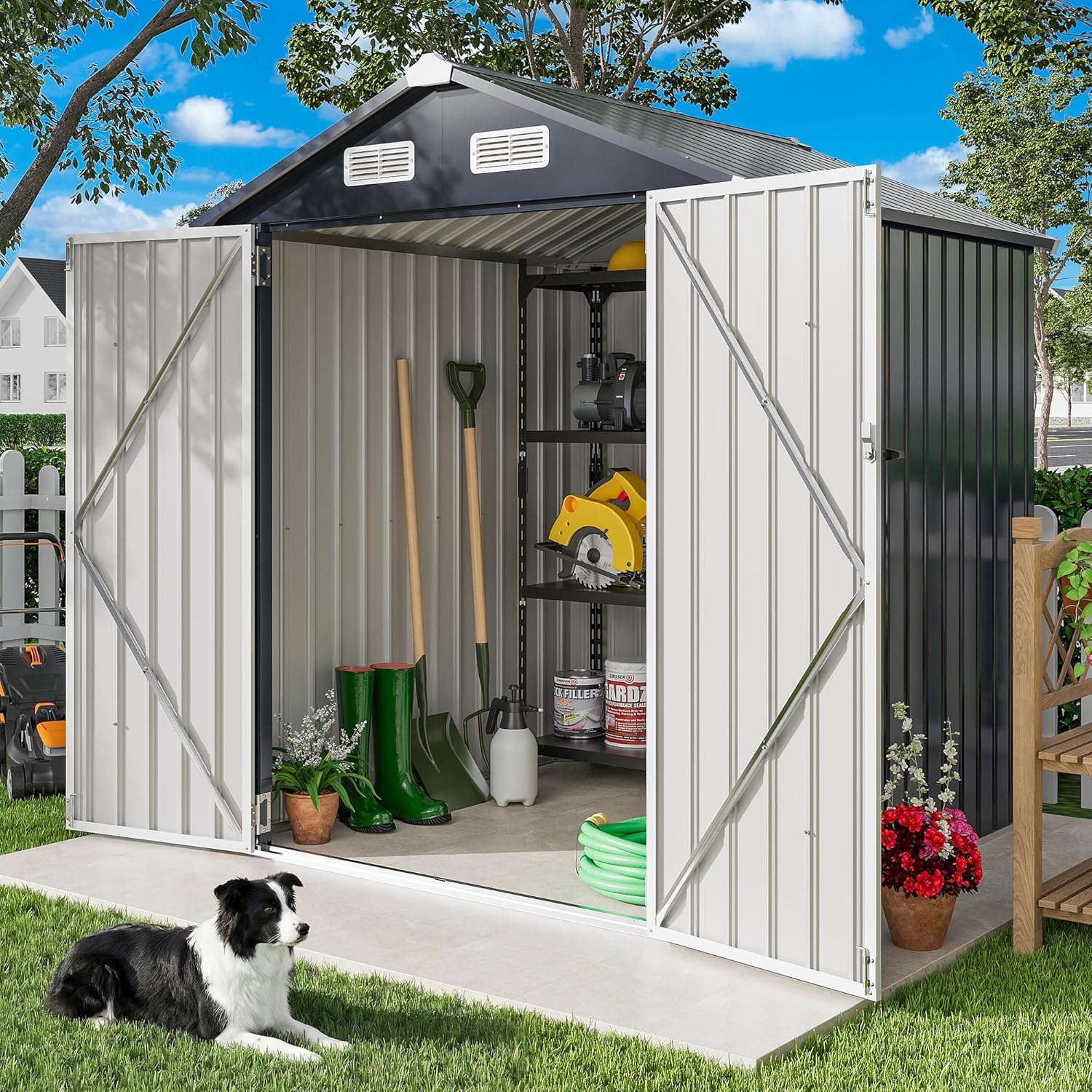 IRONCK 5.7x5.7FT Storage Shed, Outdoor Tool Shed with Lockable Doors and Breathable Vent, Outside Metal Garden Storage for Poolside, Backyard, Patio, Dark Blue