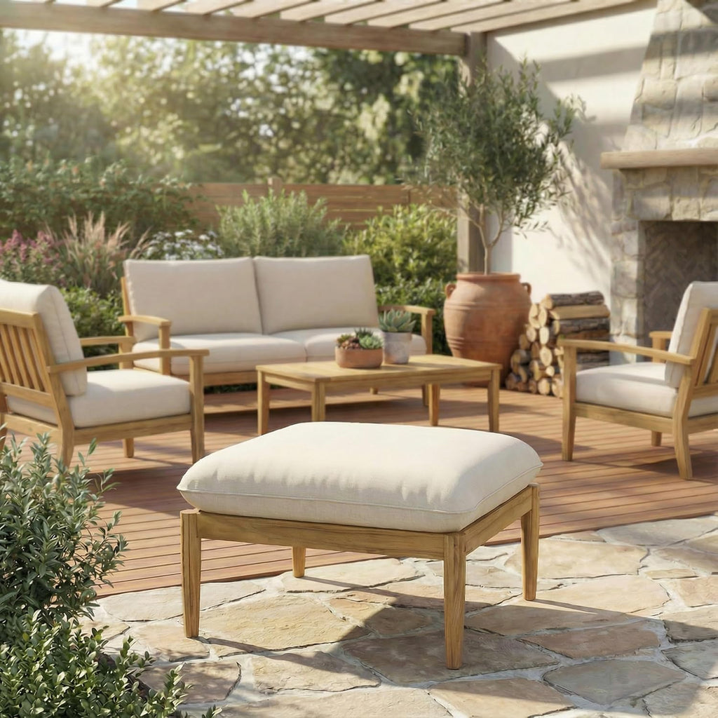 Christopher Knight Home Terassi Indoor/Outdoor Ottoman with Cushion, Acacia Wood Patio Ottoman, Outdoor Foot Stool for Patio Furniture Set, Versatile Stools for Balcony/Garden/Porch, Beige+Light Teak
