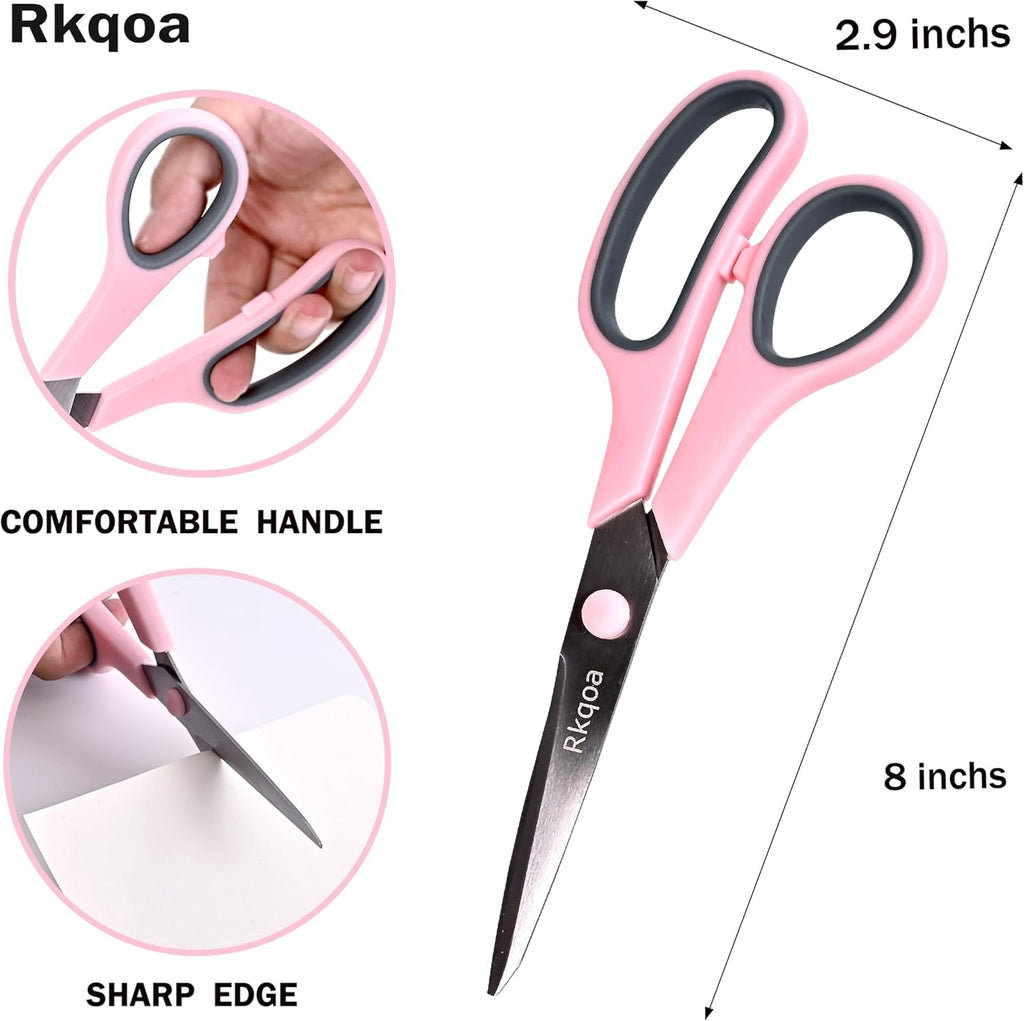 Scissors, Rkqoa 6 Pack 8" All Purpose Scissors for Everyday use, Stainless Steel Scissor Set with Comfort-Grip Handles for Office Home School Sewing Fabric Craft Supplies, Right/Left Handed