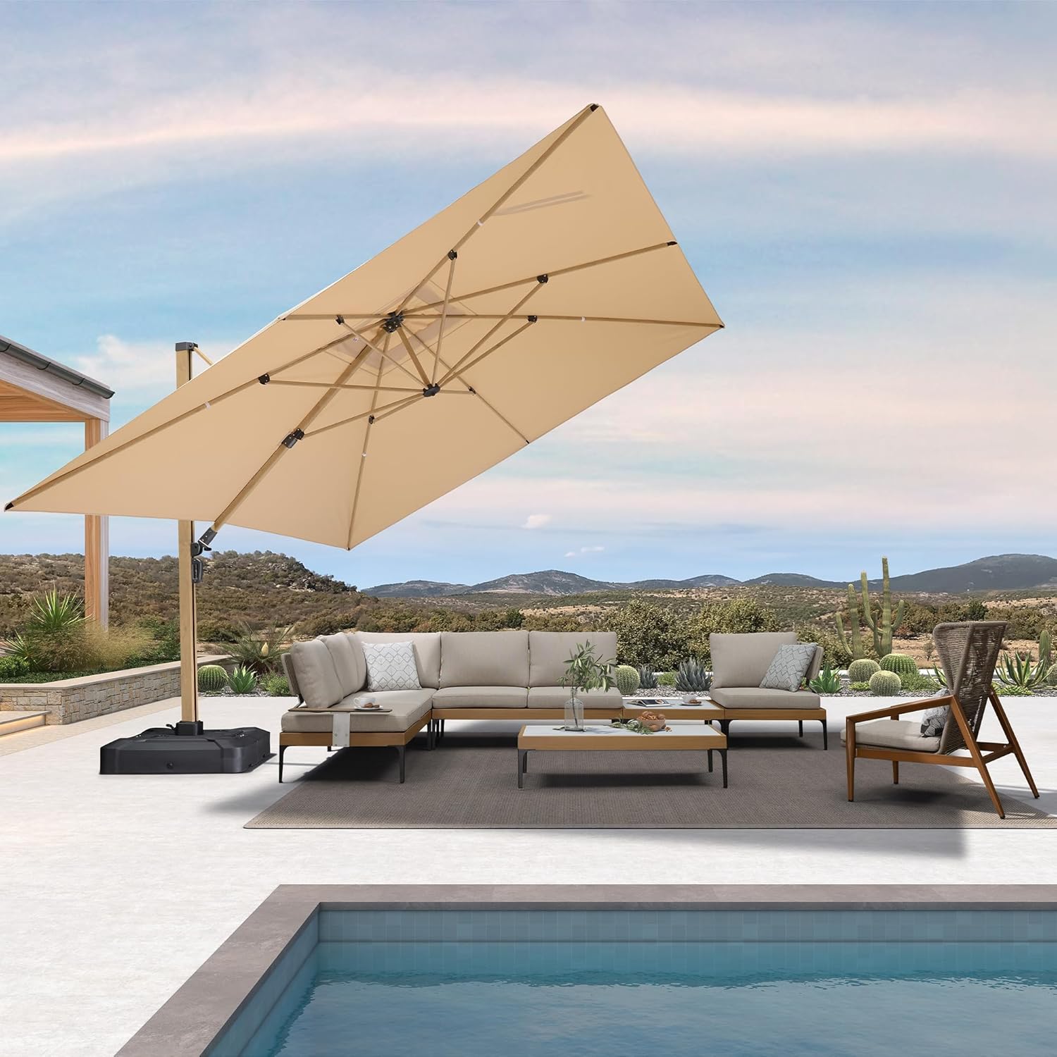 PURPLE LEAF 12FT Patio Umbrella With Base Square Cantilever Umbrella Teak Finished Aluminum Frame Large Windproof Offset Outdoor Sun Umbrellas for Beach Pool Deck, Beige