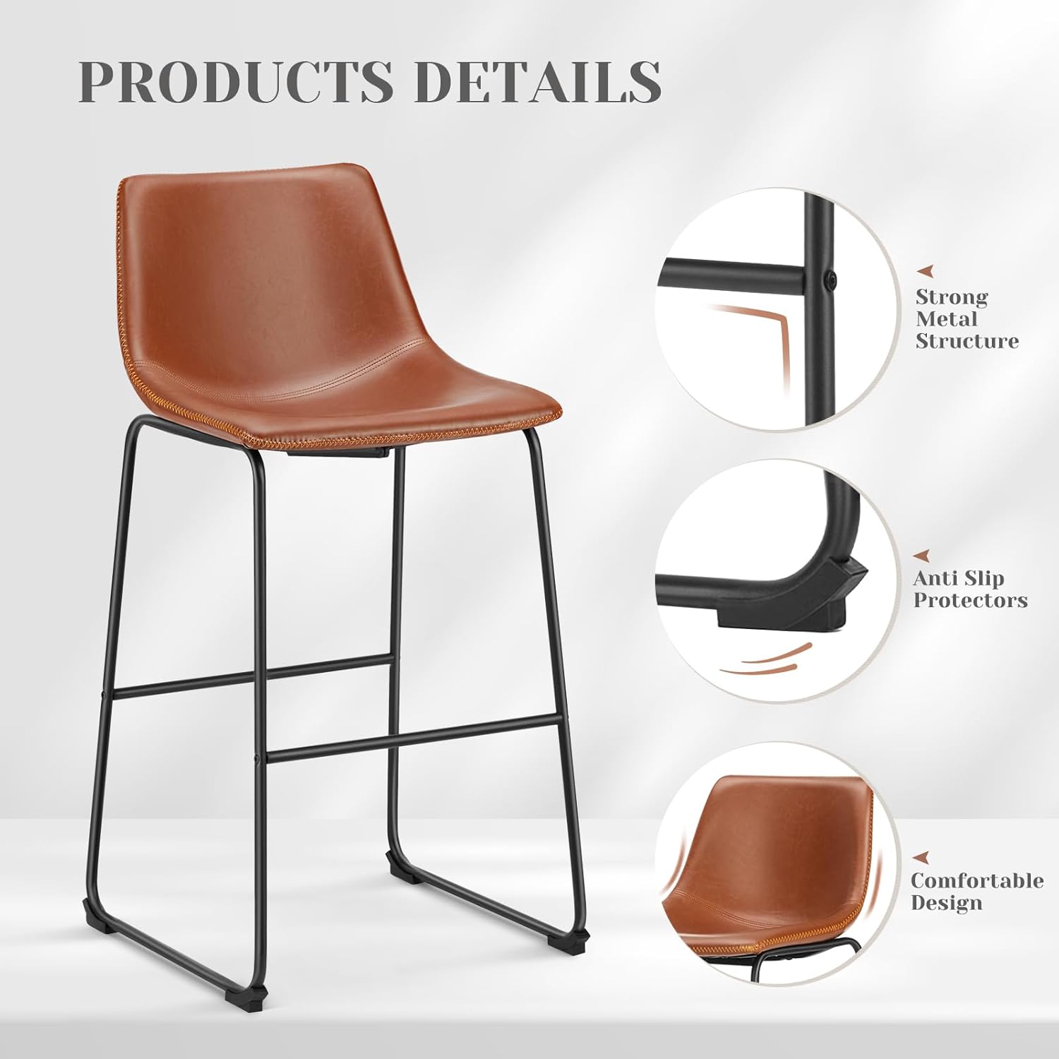 DUMOS Counter Height Bar Stools Set of 4, 30 inch Height Stool Faux Leather Barstools with Back, Armless Kitchen Island Countertop Comfortable Modern Chairs with Metal Legs, Warm Brown