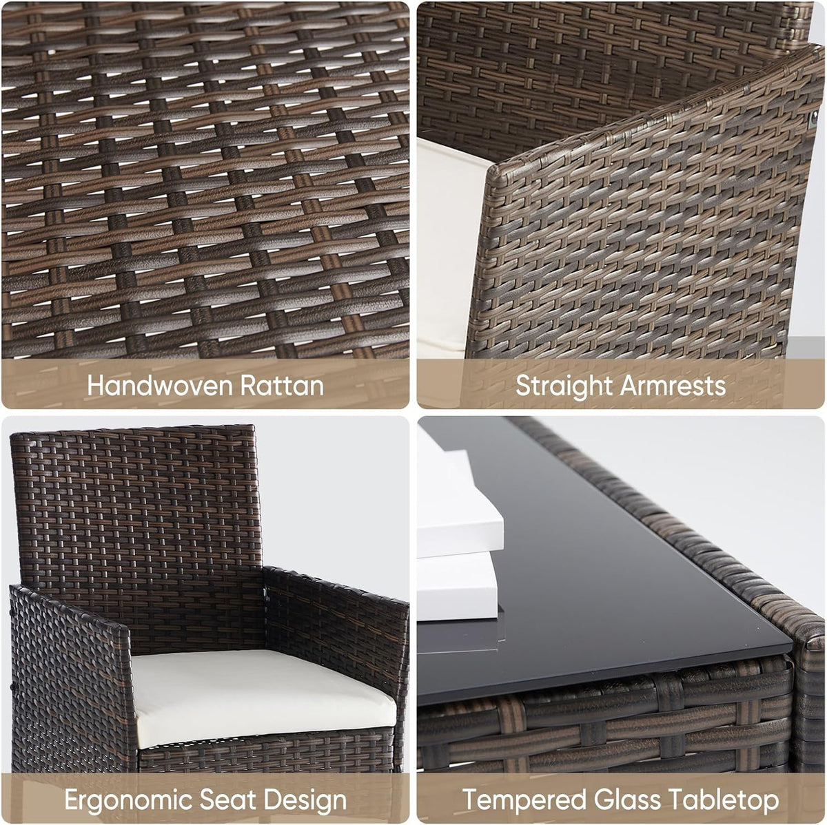 DUMOS 3 Piece Patio Furniture Set, All-Weather Outdoor Wicker Chairs with Removable Cushions & Tempered Glass Table, Small Bistro Set for Porch, Balcony, Lawn, Backyard, Brown