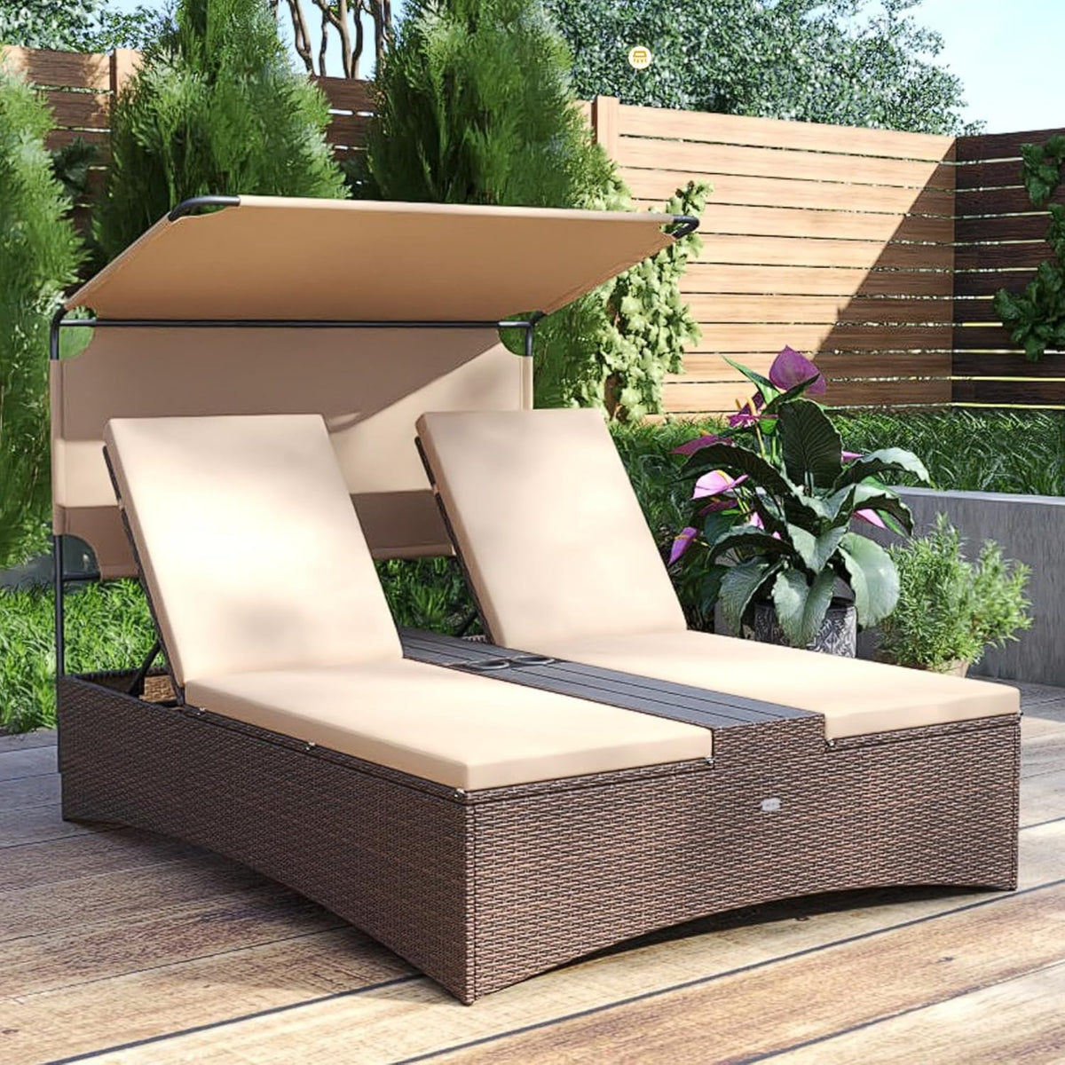 Tangkula Outdoor Rattan Daybed with Canopy & 4-Level Adjustable Backrests, 2-Person Wicker Patio Day Bed with Cushions, Table & Cup Holders, Double Sunbed Lounger for Balcony, Backyard & Poolside