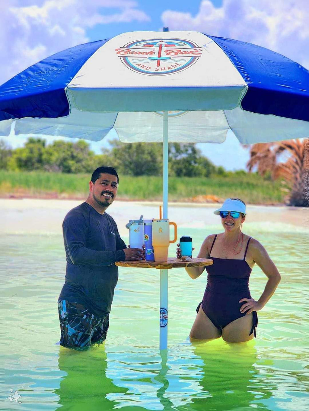 – Premium Portable Beach Umbrella Table System – 24" Teak Table with Adjustable Standpipe & Umbrella Included.