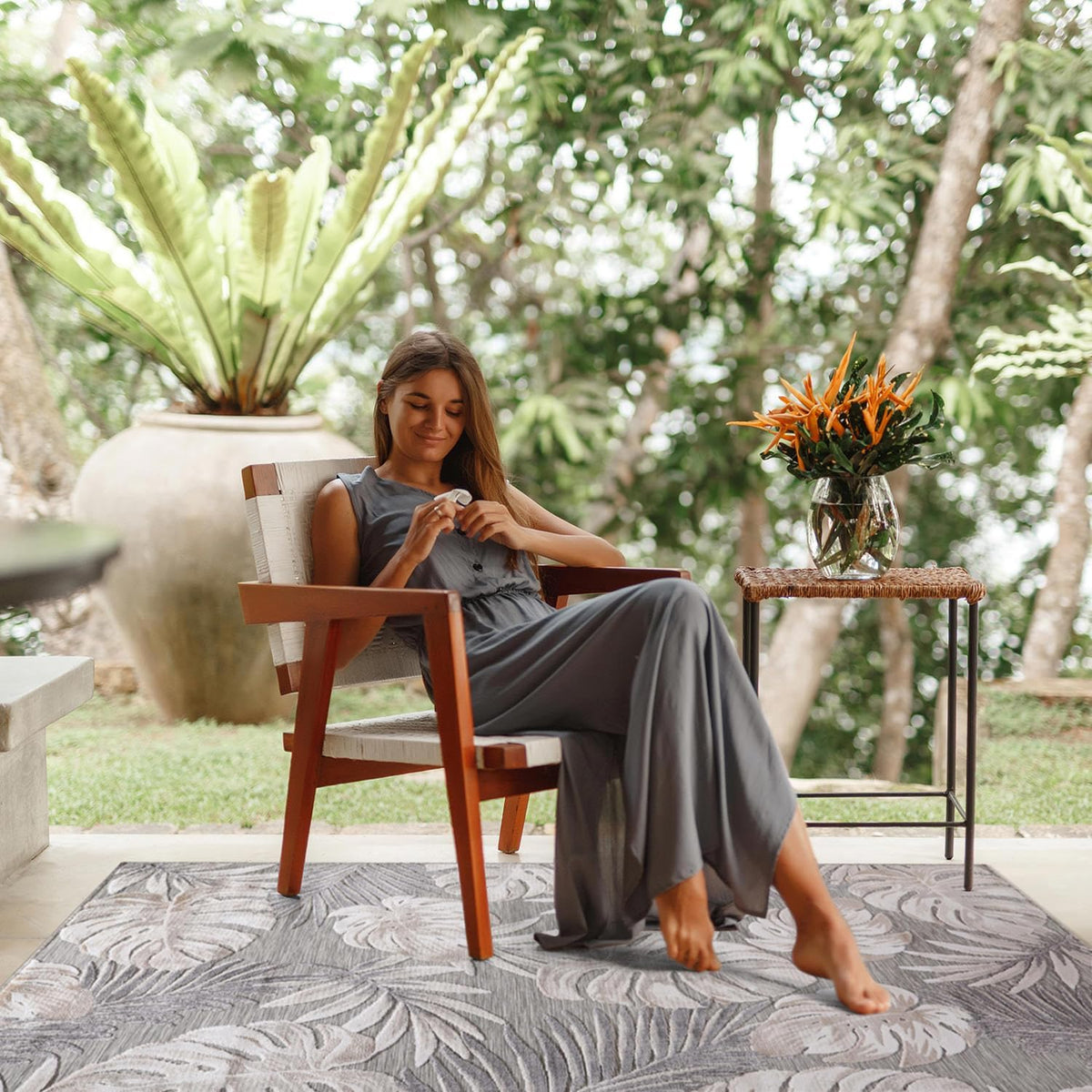 CAMILSON Indoor Outdoor Rug, Beige 6'x9' Leaf Tropical Botanical Area Rugs for Indoor and Outdoor patios, Easy-Cleaning Non-Shedding Living Room, Garden and Kitchen Washable Outside Carpet (6x9)