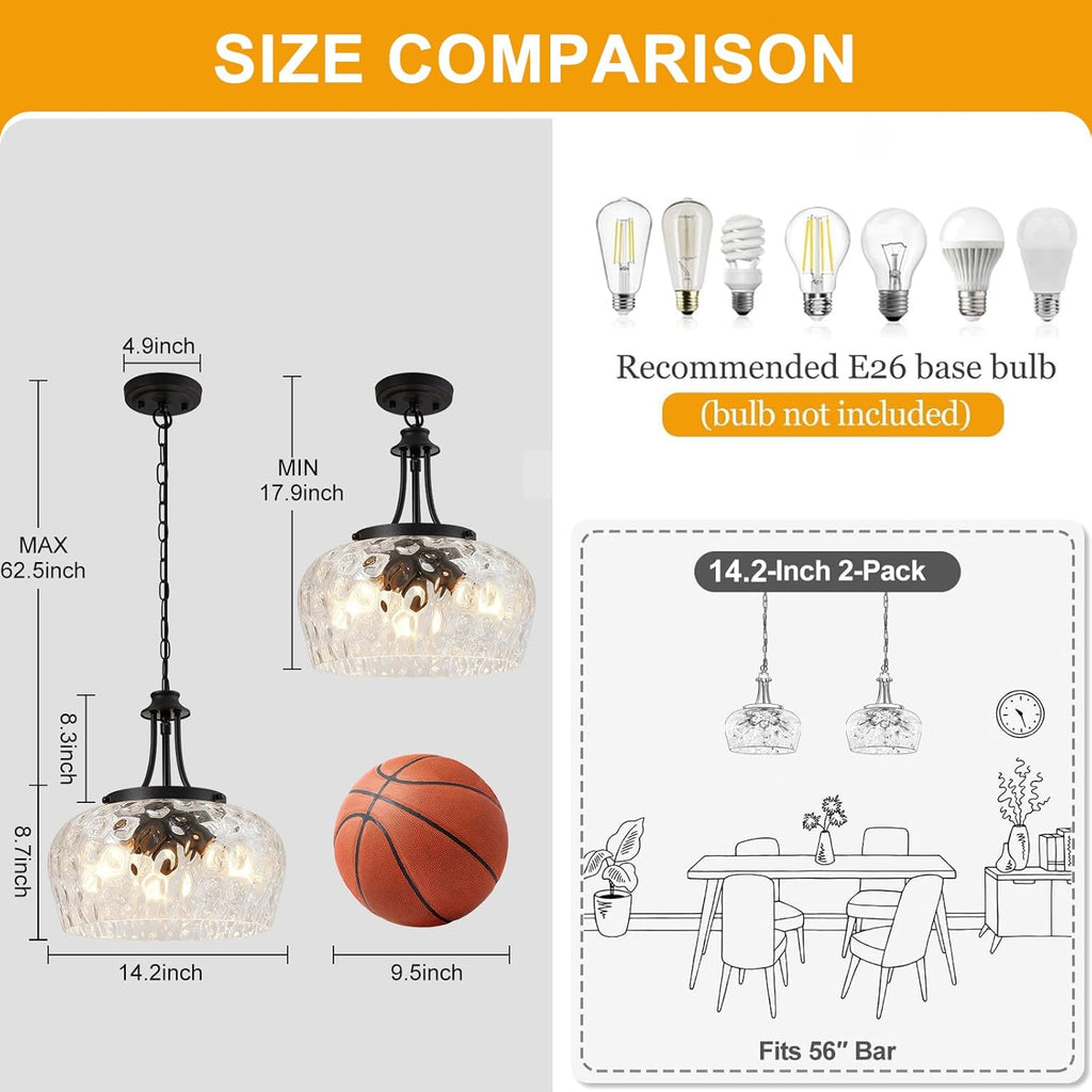 Modern Pendant Lights Kitchen Island, 3-Light Black Pendant Light Fixtures with 14.2" Clear Hammered Glass Shade, Industrial Hanging Pendant Lights Fixture for Kitchen Island, Dining Room, Entryway