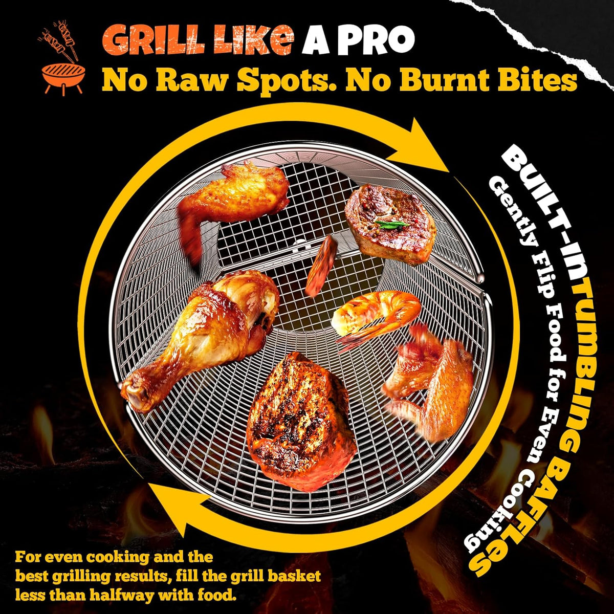 2-in-1 Rotatable Rolling Grill Basket, 304 Stainless Steel, with Removable Wooden Dual Handles & Rotating Stand, BBQ Accessories Tools for Vegetables Shrimp, Gifts for Birthday/Men/Dad/Husband