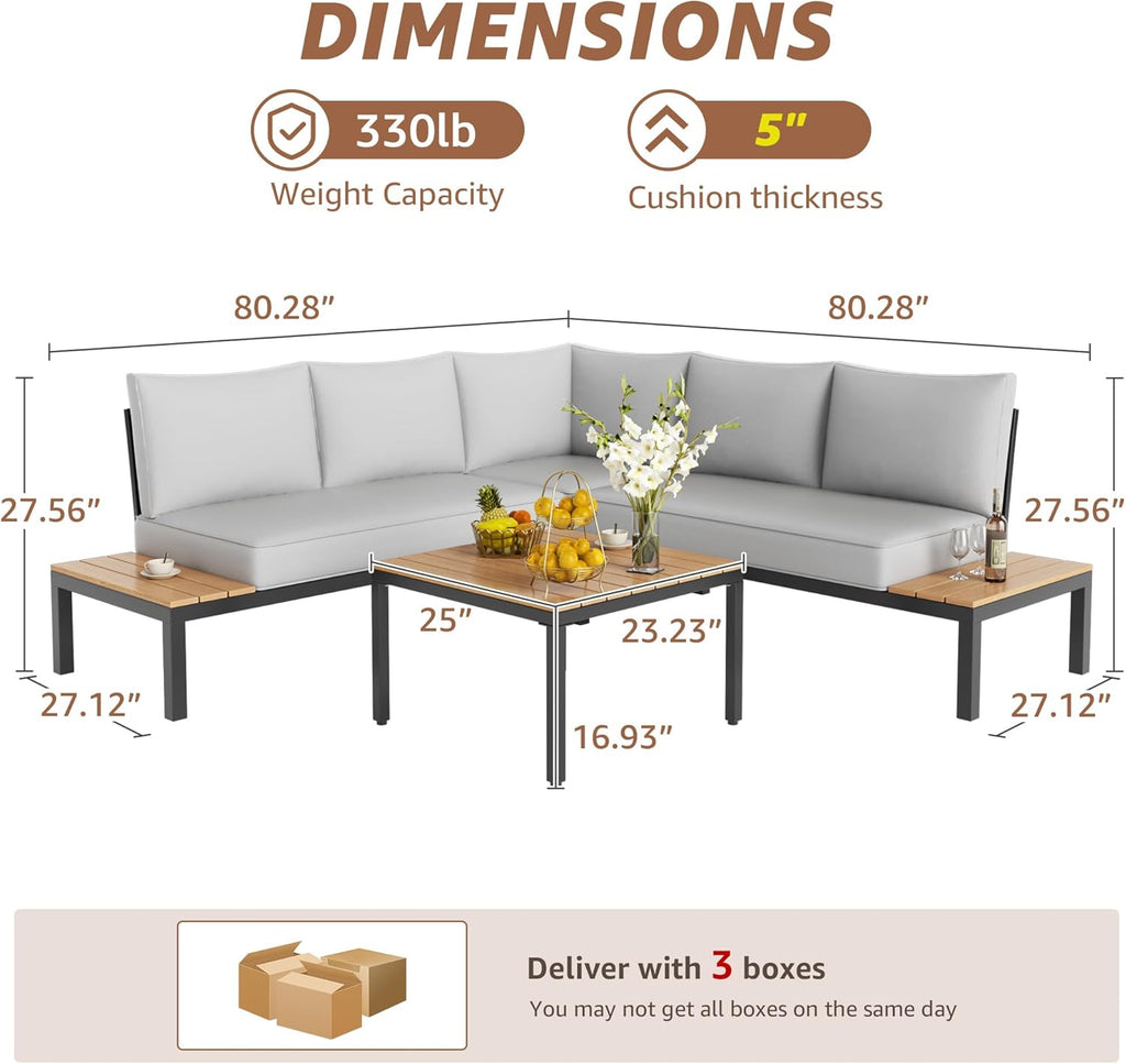 NATURAL EXPRESSIONS Patio Furniture Sets, L Shape Patio Sectional Metal Outdoor Sectional Corner Sofa Outdoor Couch with Detachable Backrest,3 Fauxwood Tables,5” Grey Olefin Cushions