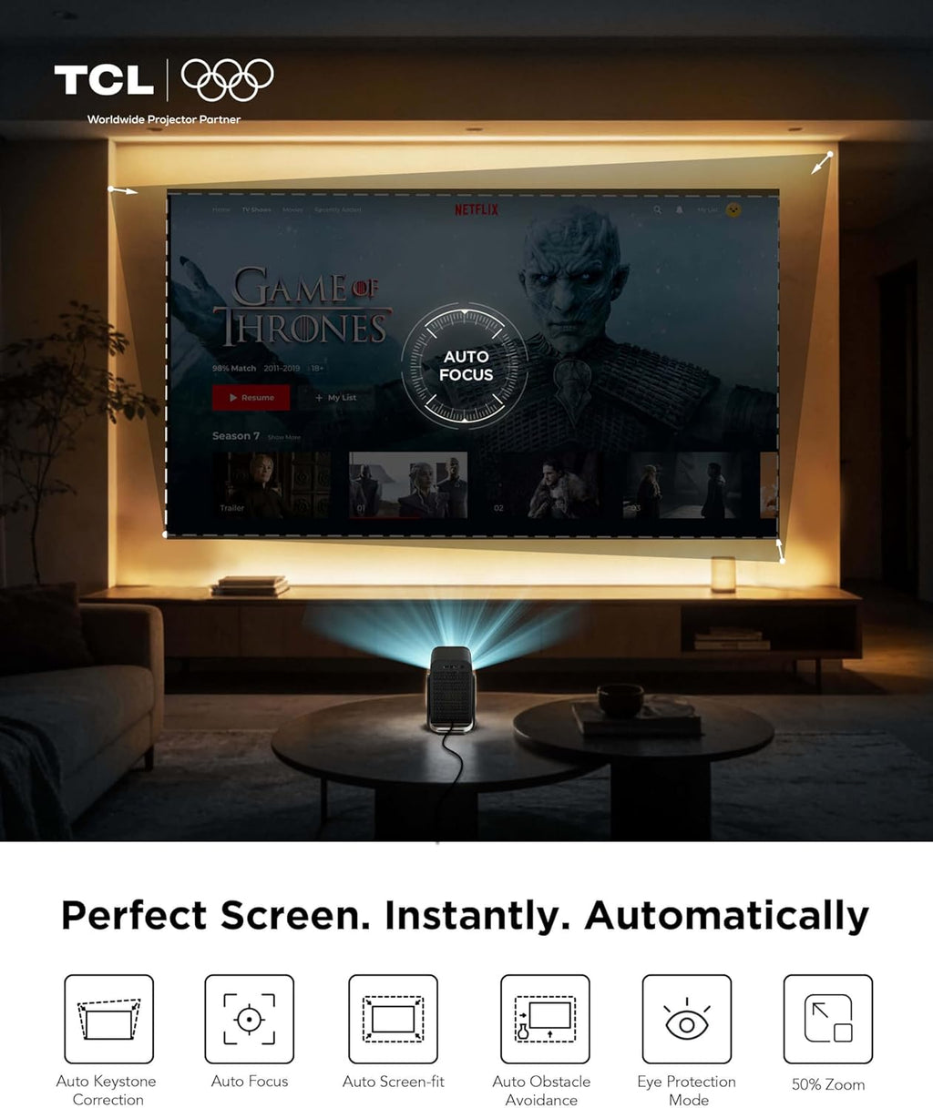 TCL C1 Smart Projector 4K Support, Compatible with Google TV, WiFi and Bluetooth, Auto Focus/Keystone, 1080P HDR10, Dolby Audio, 285° Rotation Mini Projector for Bedroom/Home Theater/Outdoor