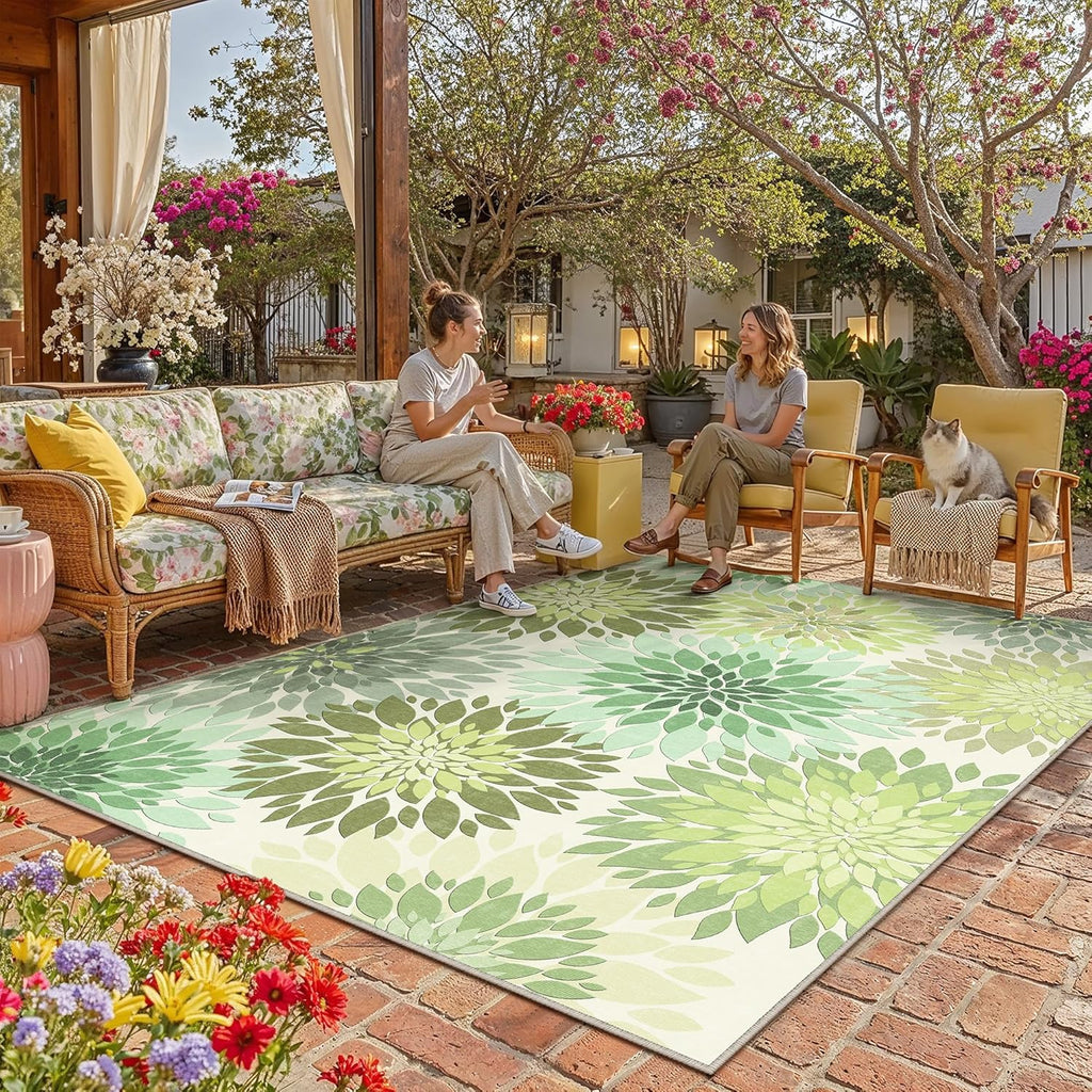 8x10 Indoor Outdoor Area Rug Washable Patio Rug Green Non Slip Non Shedding Waterproof Carpet for Living Room Bedroom Camping Porch Backyard Camping RV Balcony Poolside Deck